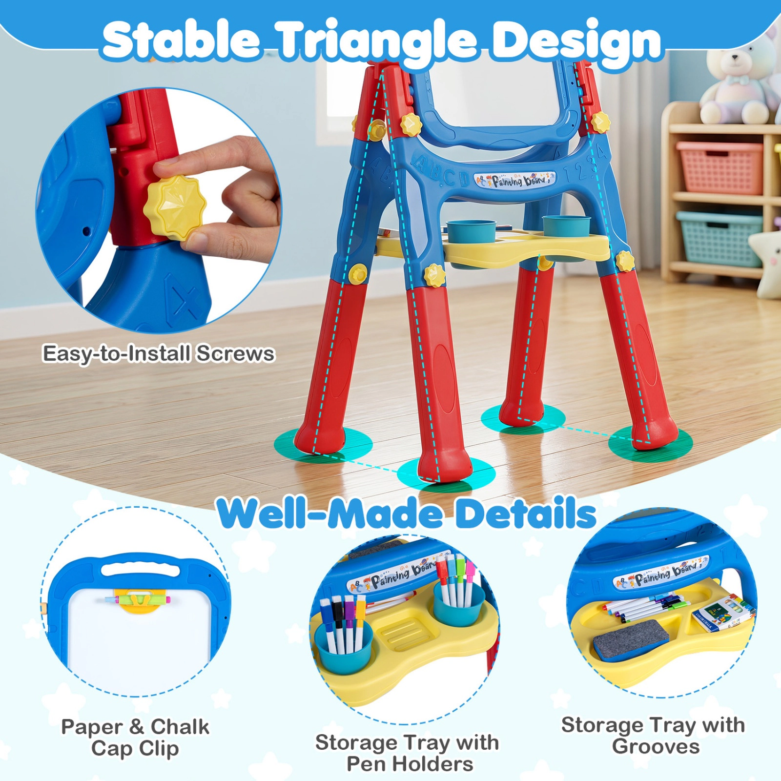 SUGIFT 4-in-1 Adjustable Height Art Easel for Kids Ages 3+ Blue & Red/Blue/Peach Fuzz