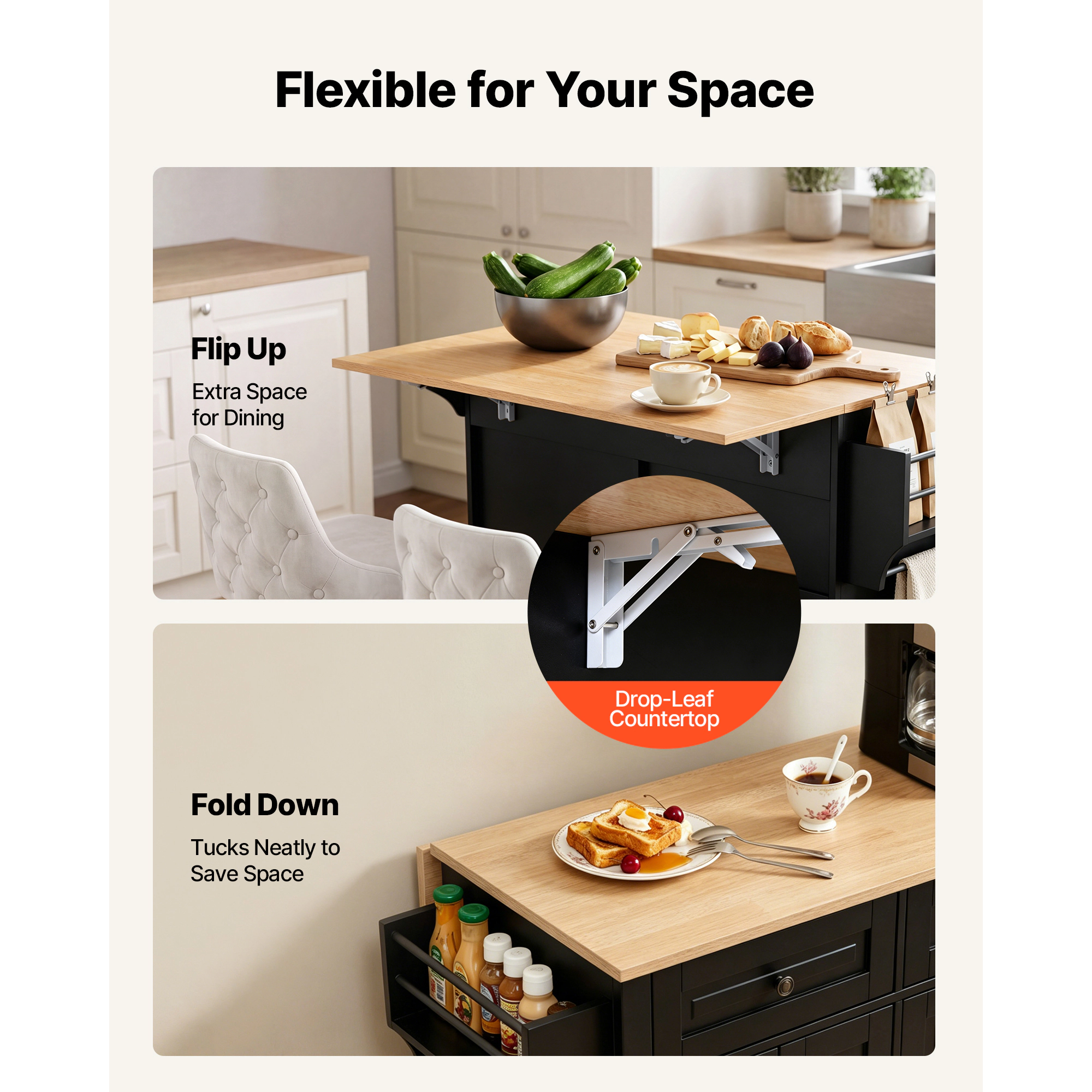 HONGGE Kitchen Island Cart with Storage 43.58 Wide Mobile Rolling on Swivel Wheels 2 Drawers