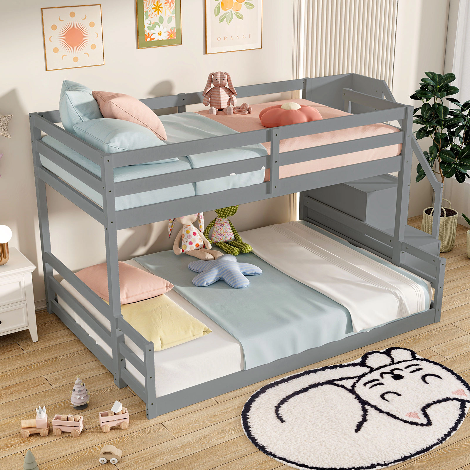 SUGIFT Kids Twin Over Full Storage Stairs Pine Wood Low Bunk Bed 94.5-in x 56.5-in x 50.5-in 250-lb Capacity Gray