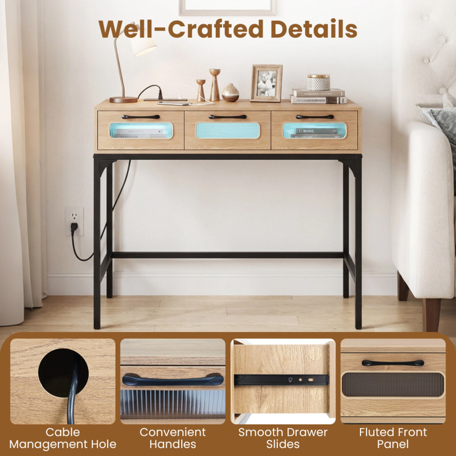 SUGIFT 35.5-in 100-lb Capacity Natural Console Table with Built-In Charging Station and 16-Color LED Lighting
