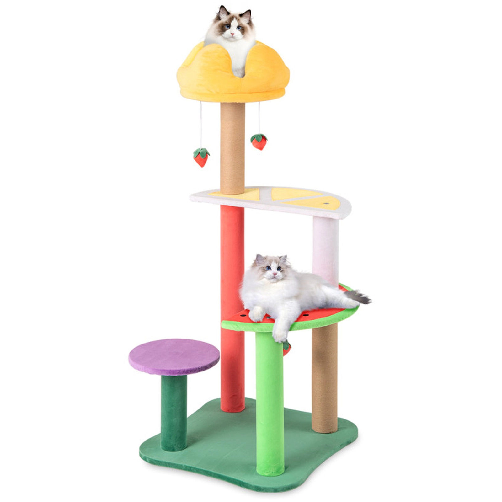 SUGIFT 45-in Multi-Level Cat Tree with Plush Padded Crown Top Perch and Fruit-Shaped Platforms Colorful