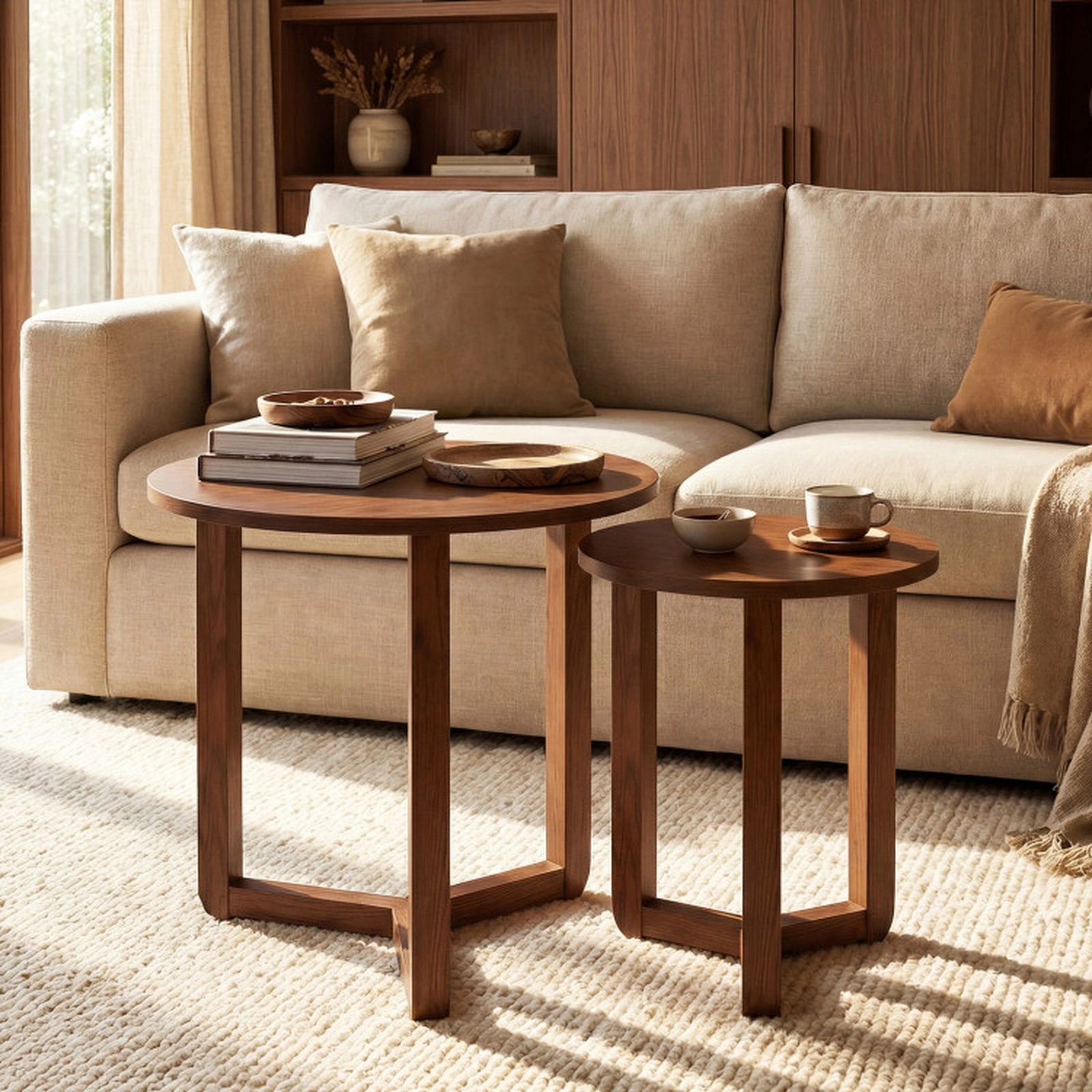 SUGIFT Round Nesting Coffee Table Set of 2 Wood End Tables with Thickened Top 176-lb and 132-lb Capacity Natural/Walnut