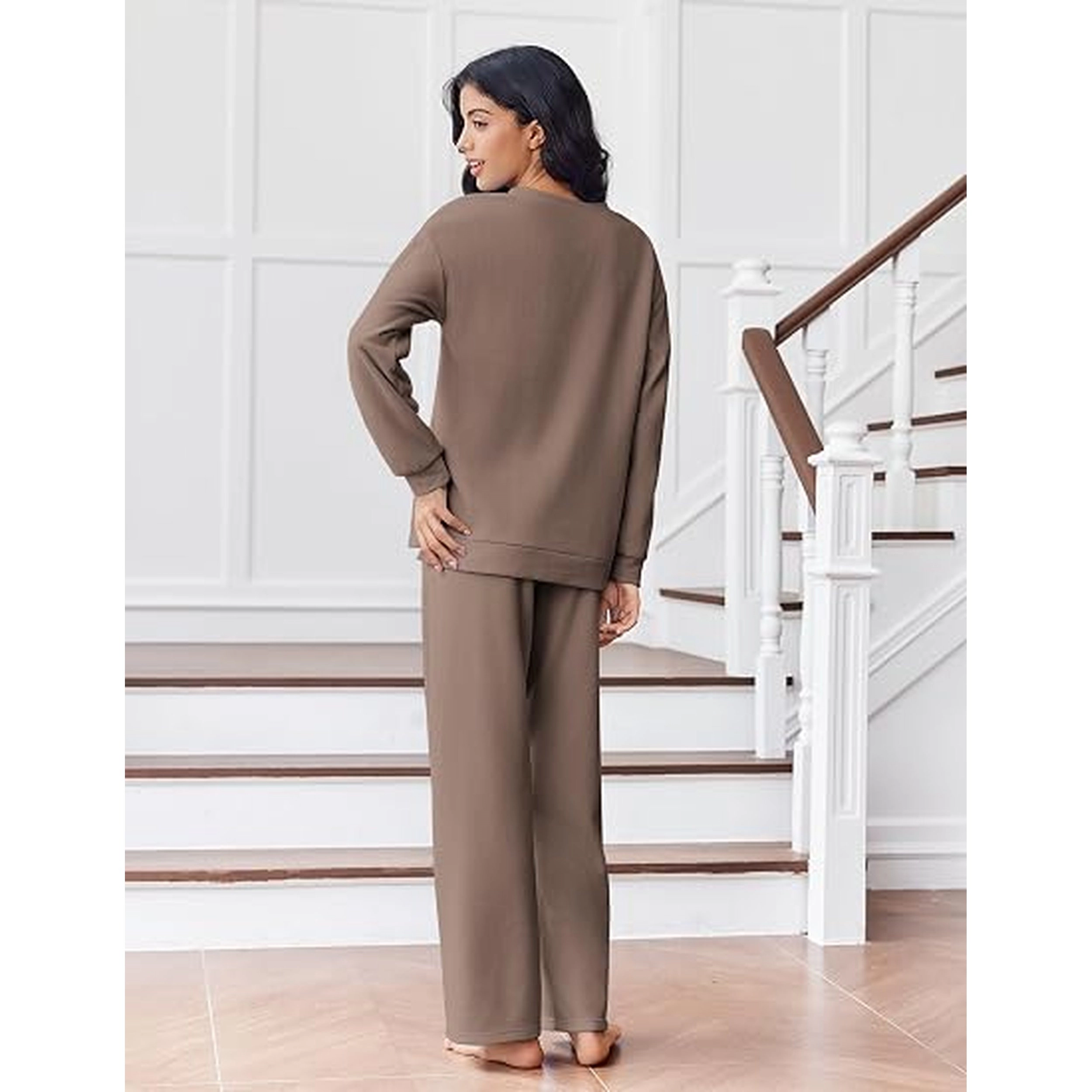 Ekouaer Pajama for Womens Set Ploar Fleece Long Sleeve Lounge Sets Pajamas V Neck Sleepwear