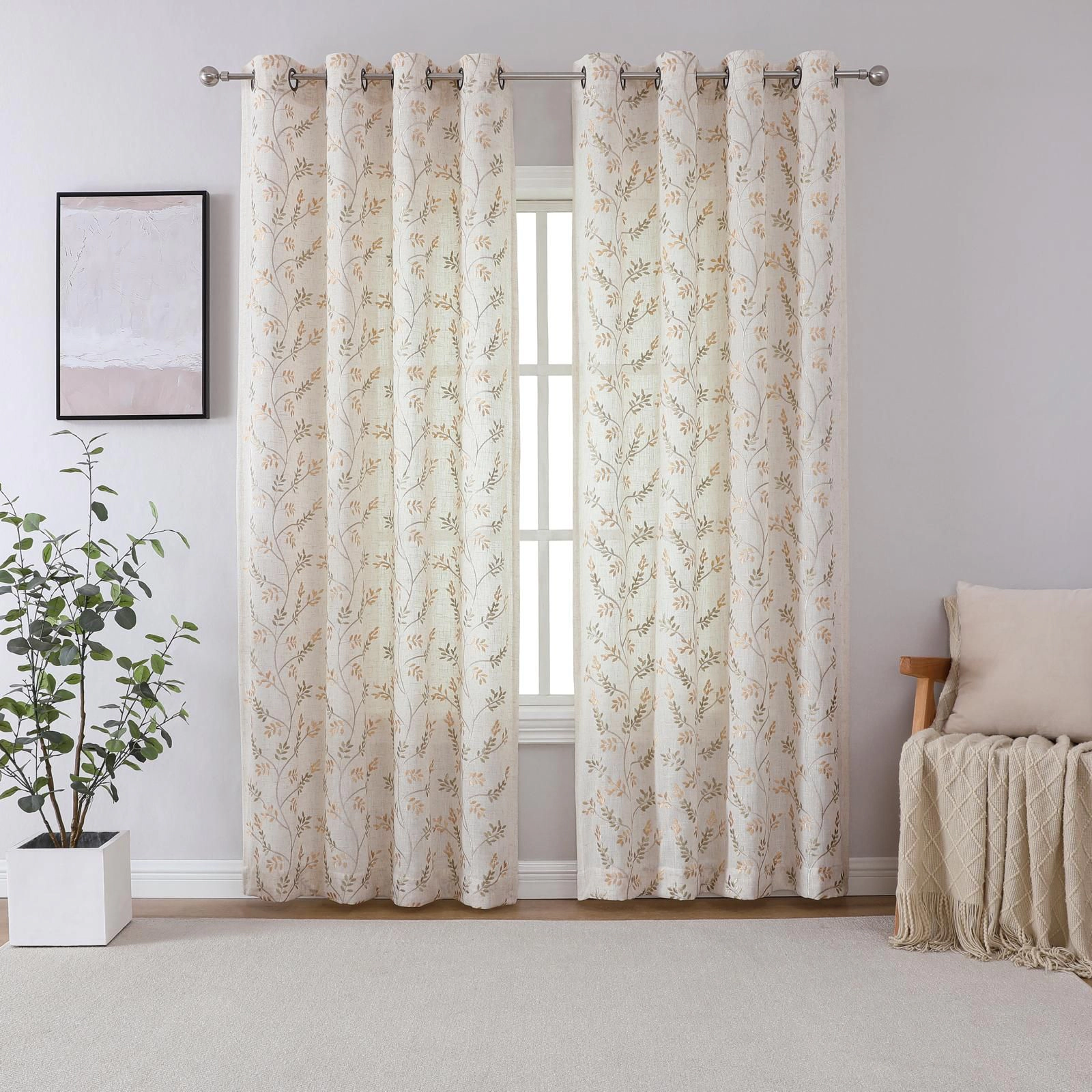 Kate Aurora 1 Piece Vanessa Floral Embroidered Linen Blend Semi Sheer Grommet Window Curtain Panel - 84 in. Long