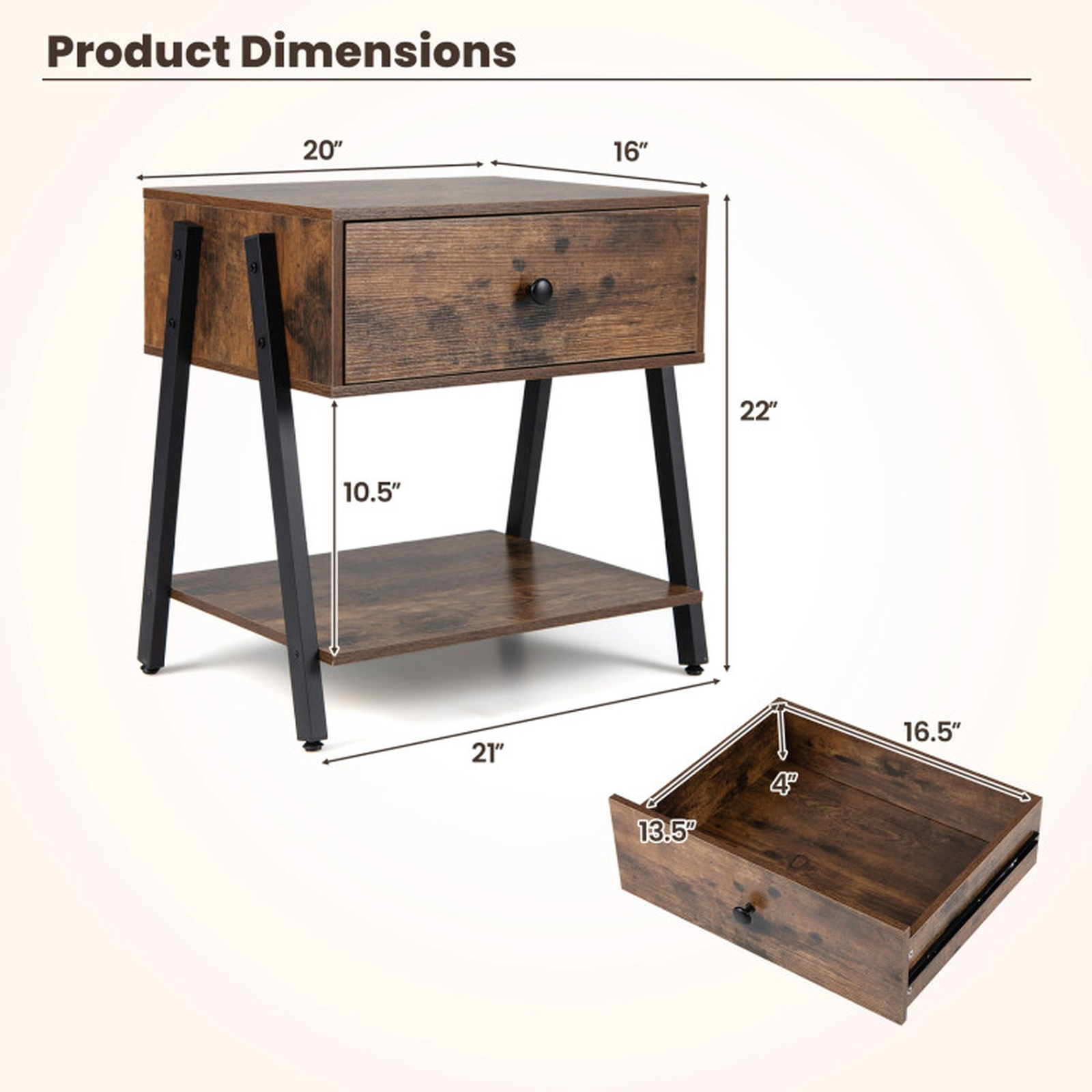 SUGIFT Industrial Nightstand with Drawer and Bottom Shelf 44-lb Top Shelf Capacity Rustic Brown 20-in Tabletop