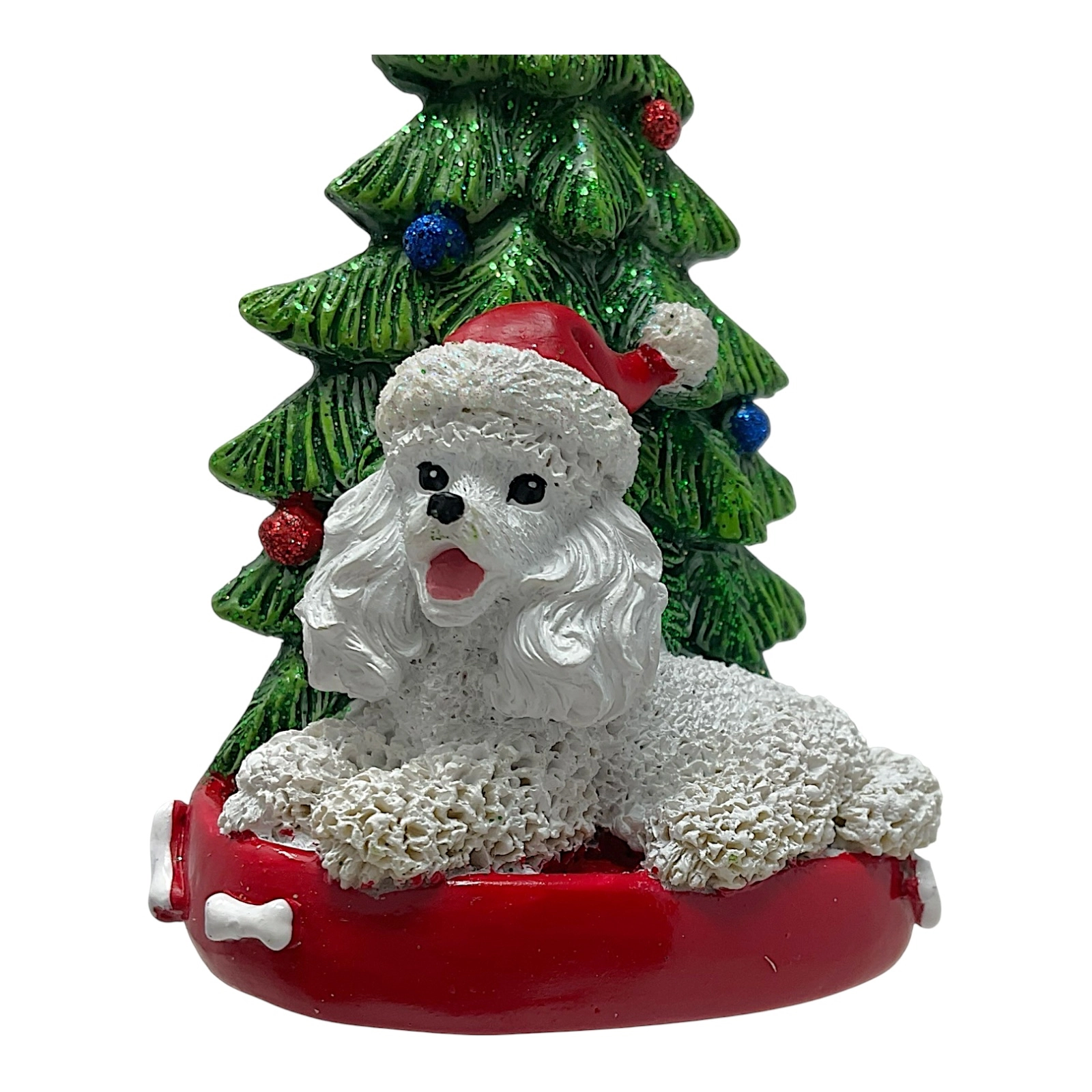 Kurt Adler White Poodle Dog Wearing Santa Hat with Christmas Tree Resin Ornament 4.25 inch