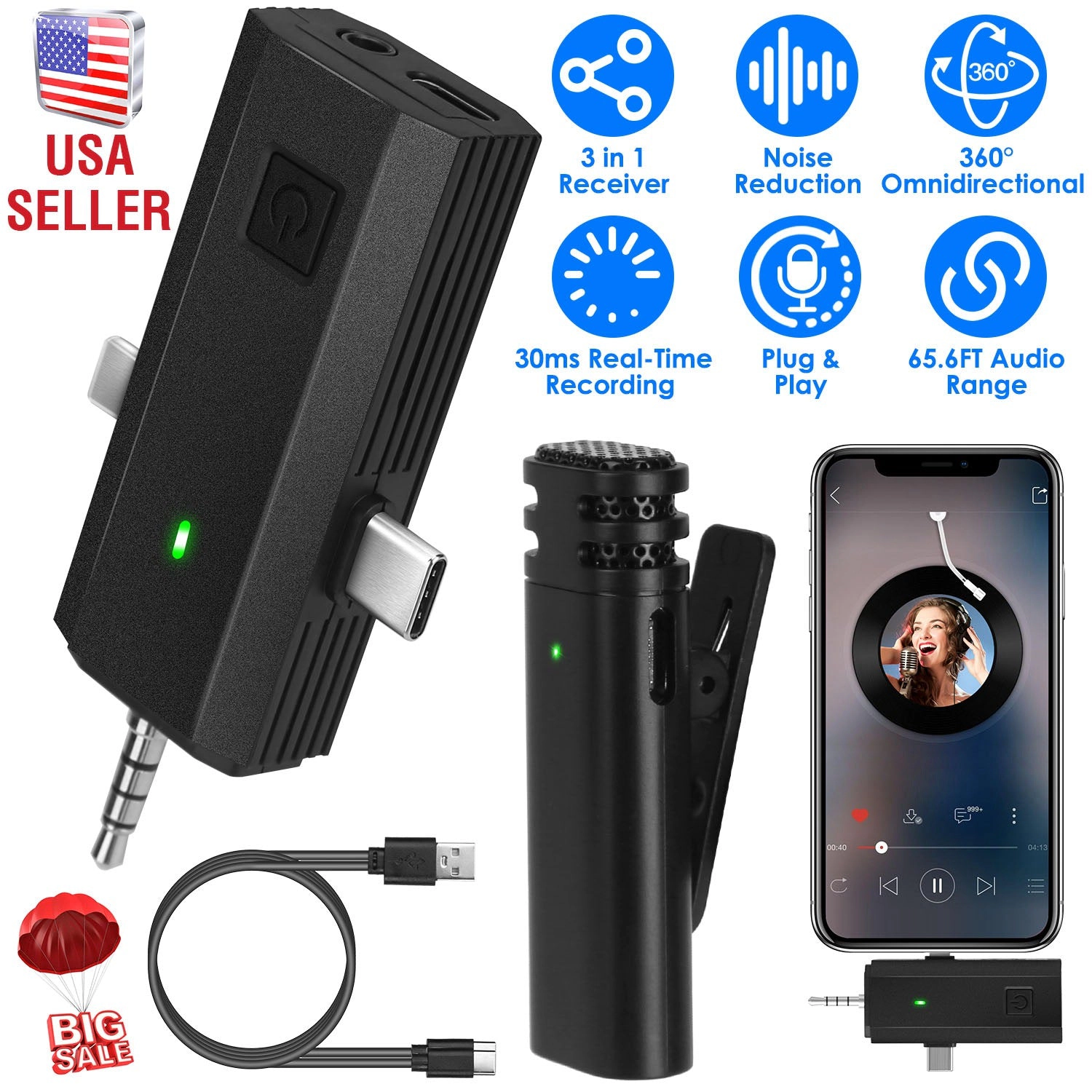 GBruno 3-in-1 Wireless Clip-On Microphone