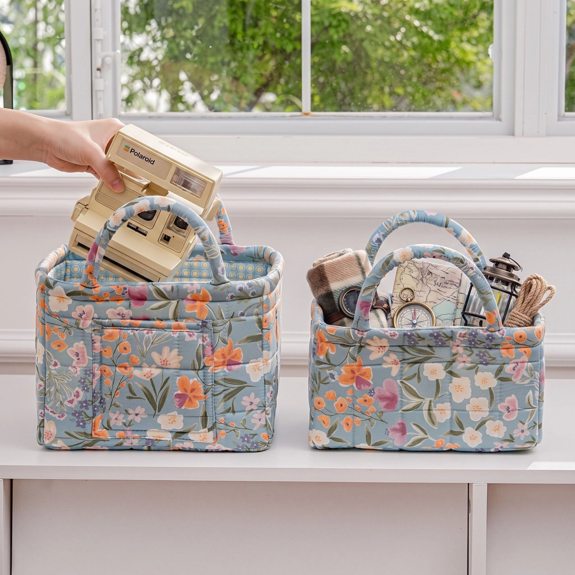 Alilang Unisex 2 Piece Quilted Floral Storage Tote Set with Handles and Front Pocket