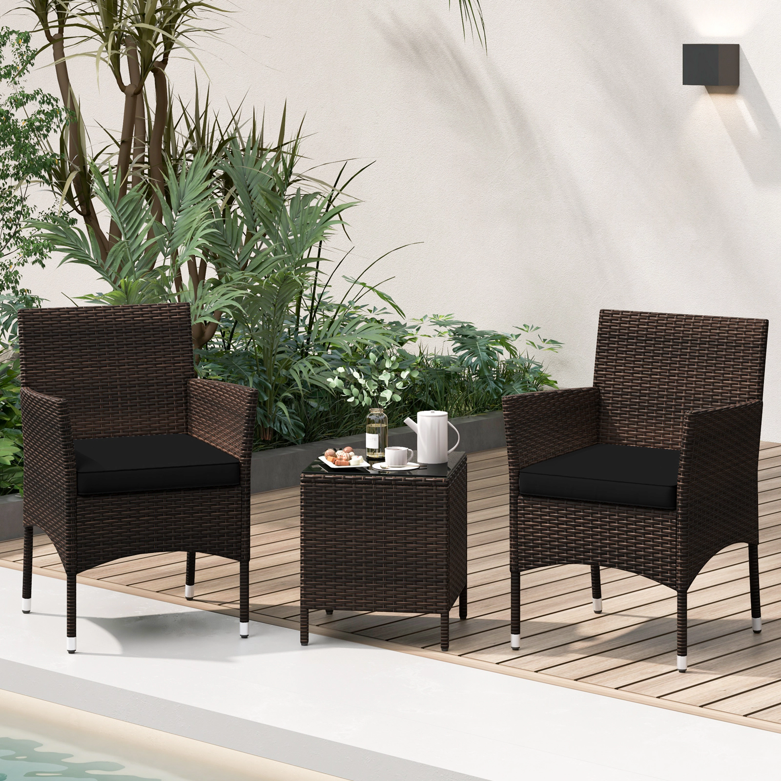 SUGIFT 3-Piece Brown PE Rattan Patio Conversation Set with Cushions and Tempered Glass Table