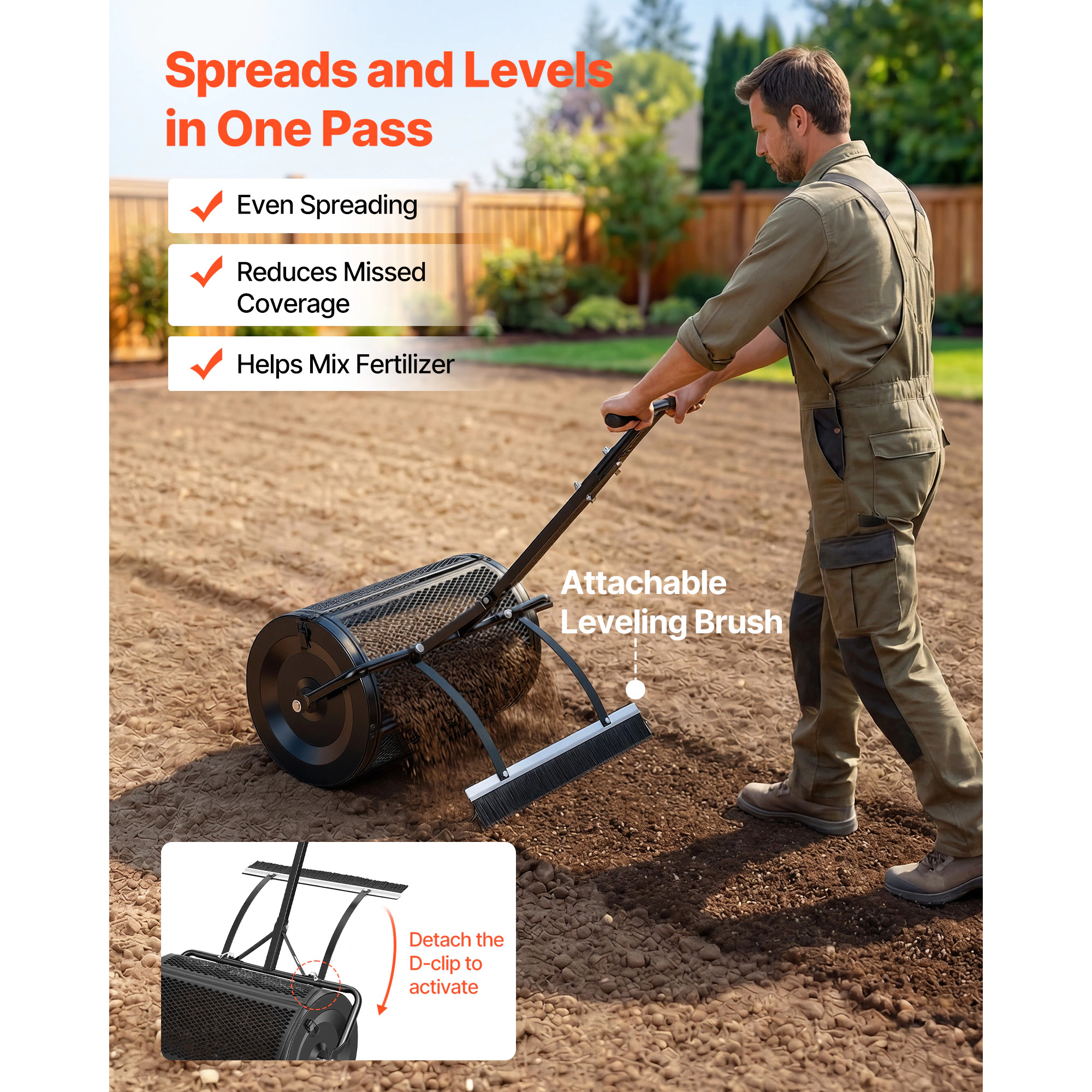HONGGE Heavy Duty Compost Spreader Peat Moss Roller with Adjustable Handle Heights Powder-Coated Steel Garden Seeding