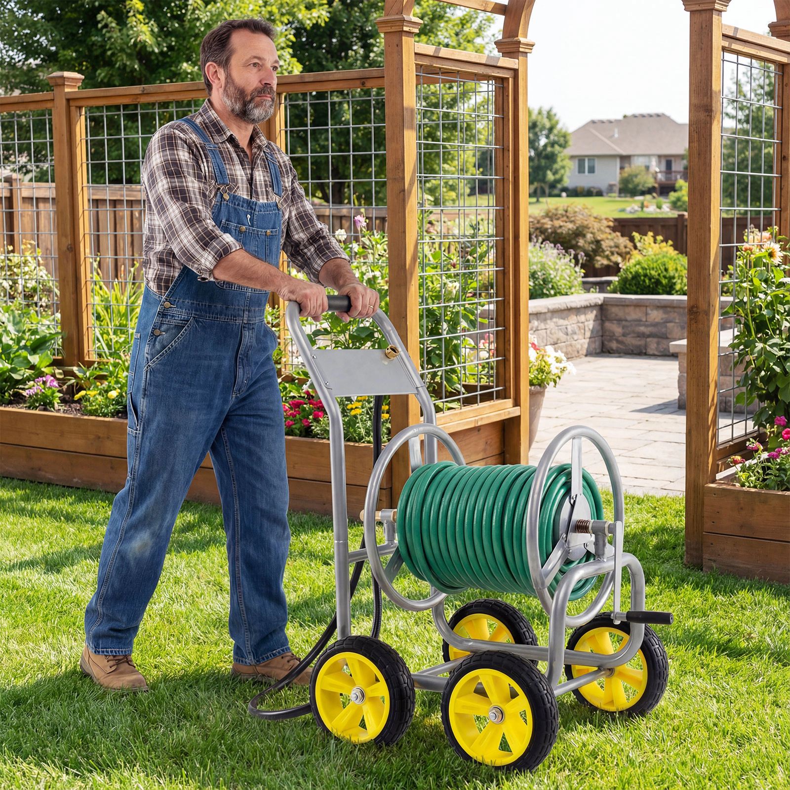 SUGIFT Garden Hose Reel Cart Silver 330 Feet Heavy-Duty Metal Cart with 4 Wheels