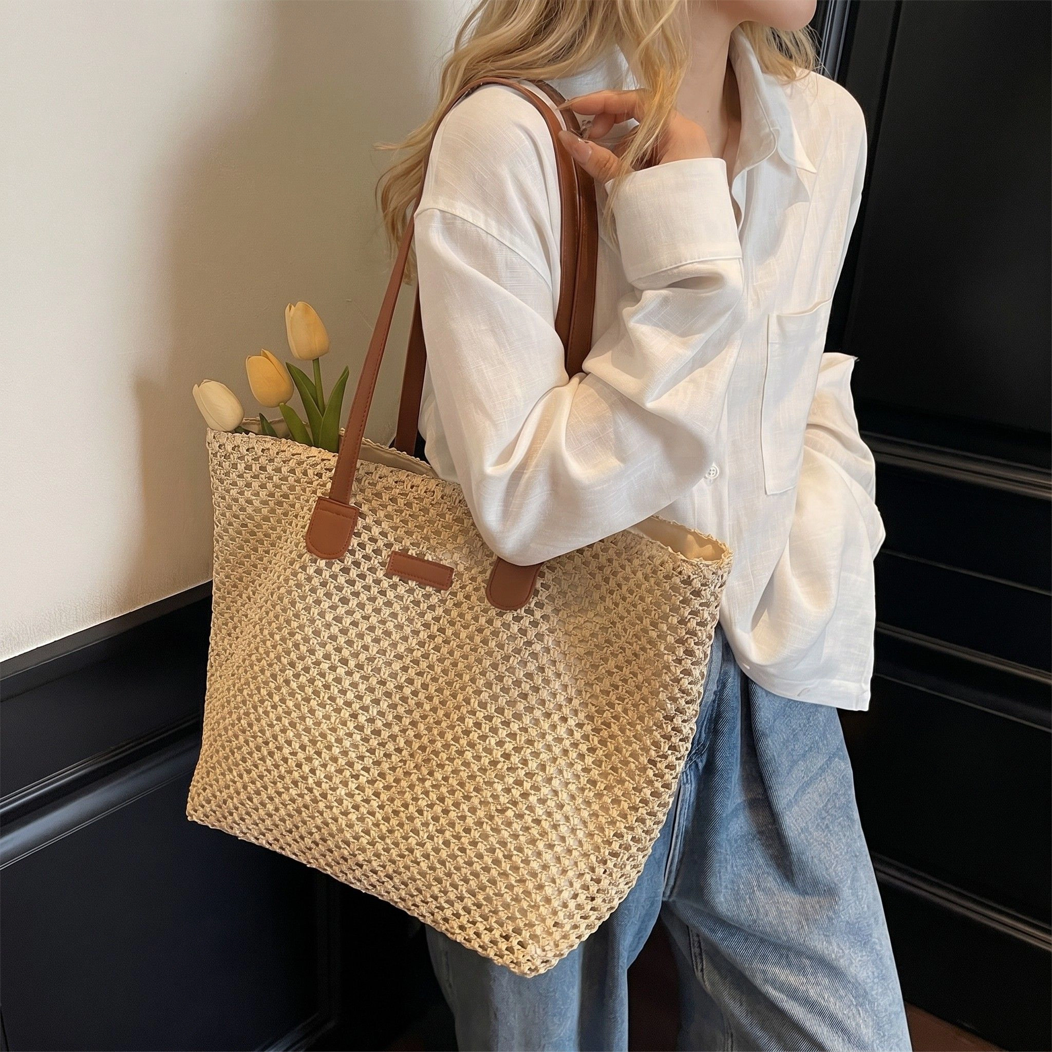 Alilang Women's Woven Straw Tote Bag Faux Leather Handles Large Capacity Shoulder Handbag for Everyday Use