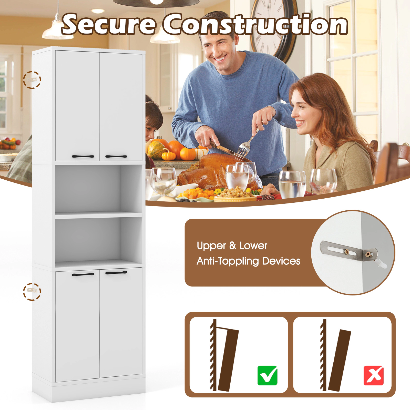 SUGIFT 75-in Tall 2 Double-Door Cabinets 2 Open Shelves Kitchen Pantry Cabinet 22-in x 12-in 300-lb Capacity White
