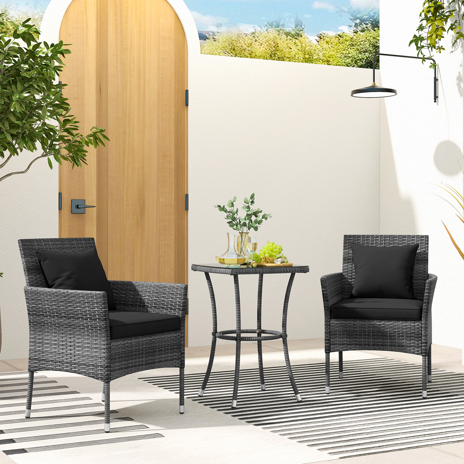 SUGIFT 3-Piece Gray Wicker Patio Set with Cushioned Chairs and 28-Inch Glass Table