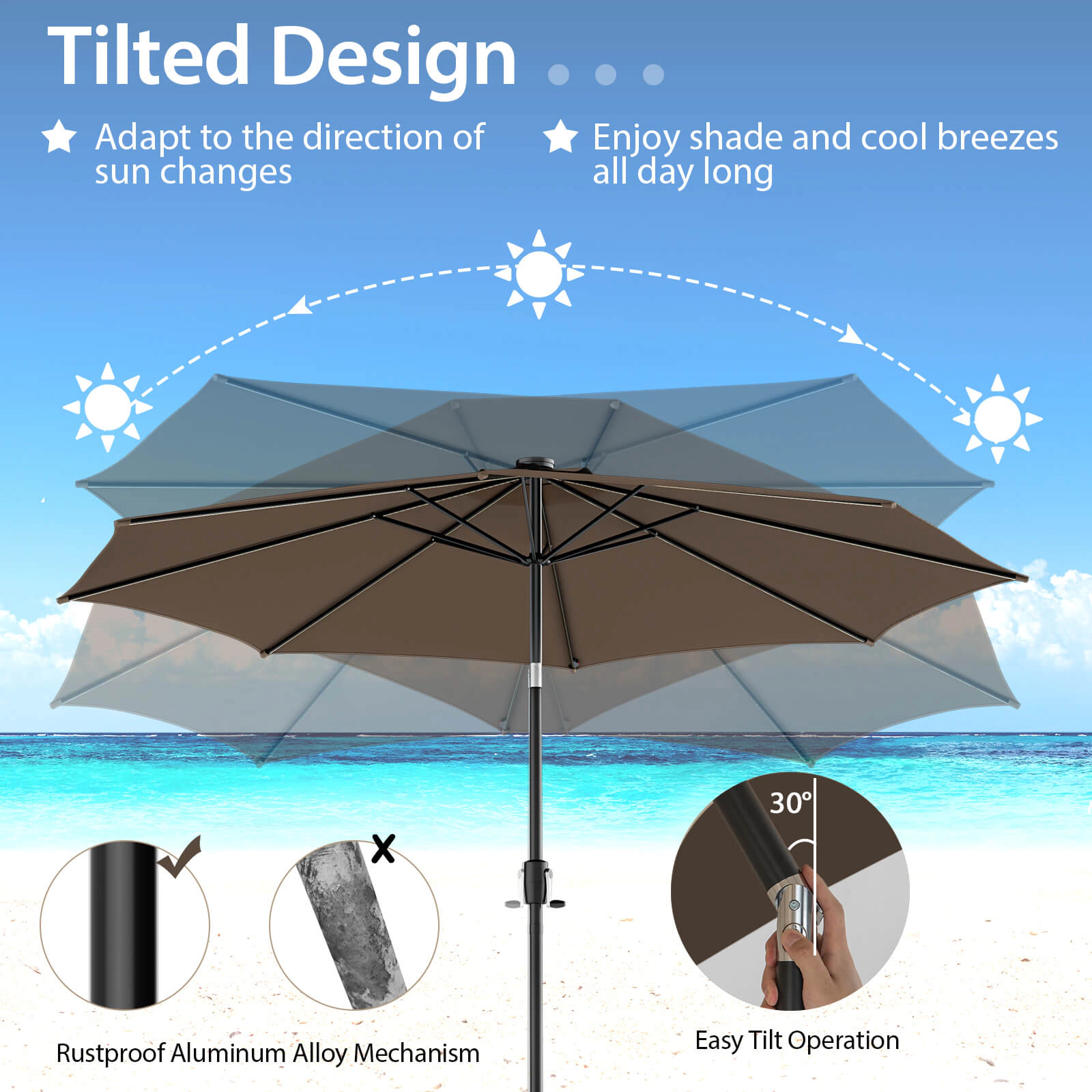 SUGIFT Solar-Lit 10-Ft Patio Umbrella with 112 LED Lights Crank Handle Tilt Coffee