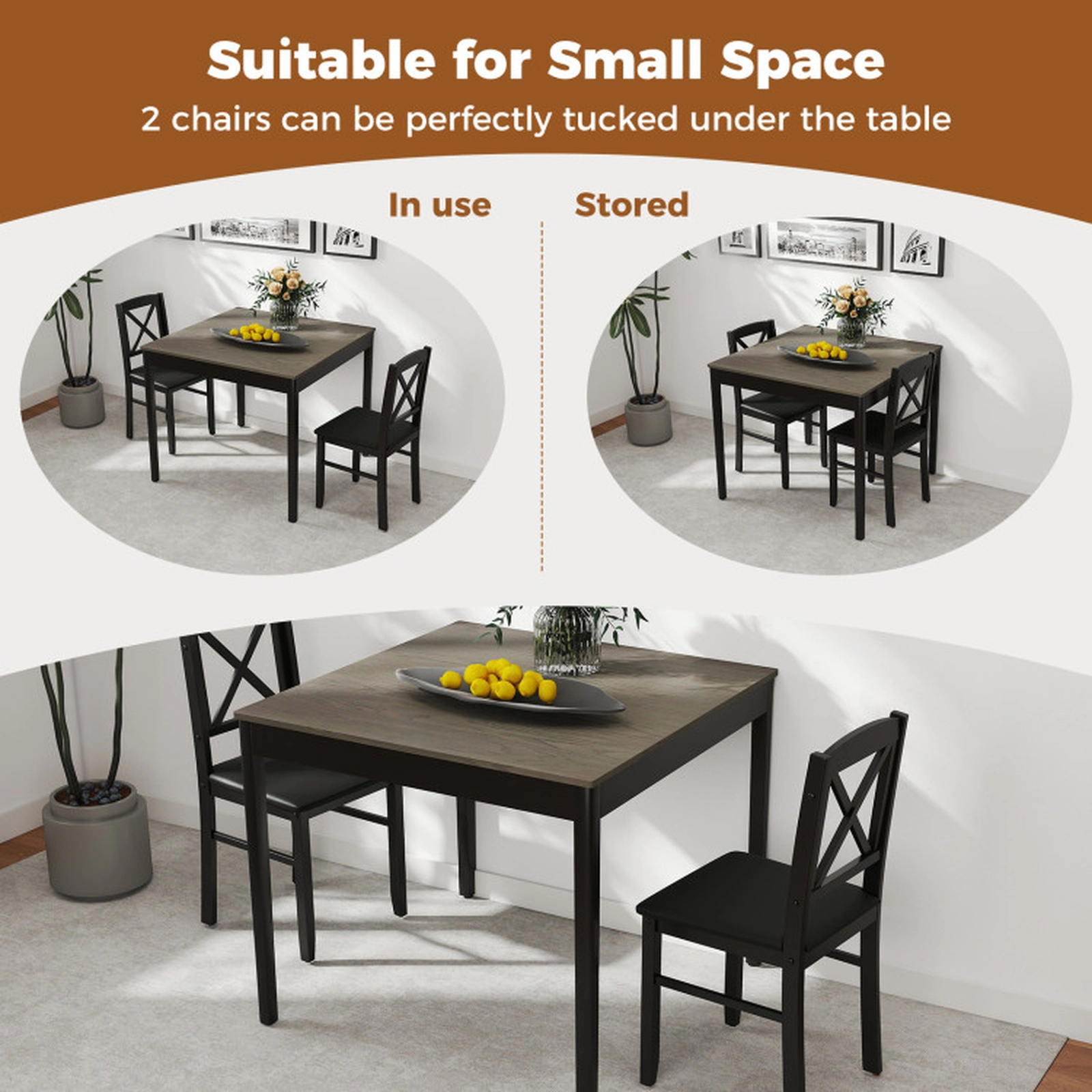 SUGIFT 3-Piece Gray Square Dining Set for 2 with Upholstered Cross-Back Chairs