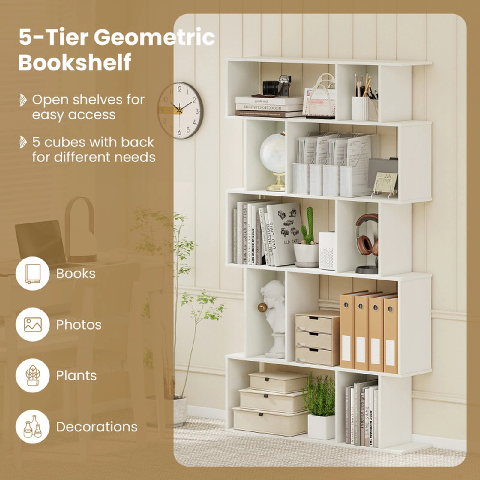 SUGIFT Set of 2 5-Tier 200-lb Capacity White 62-in Tall Geometric Bookshelf with Open and Closed Back Shelves