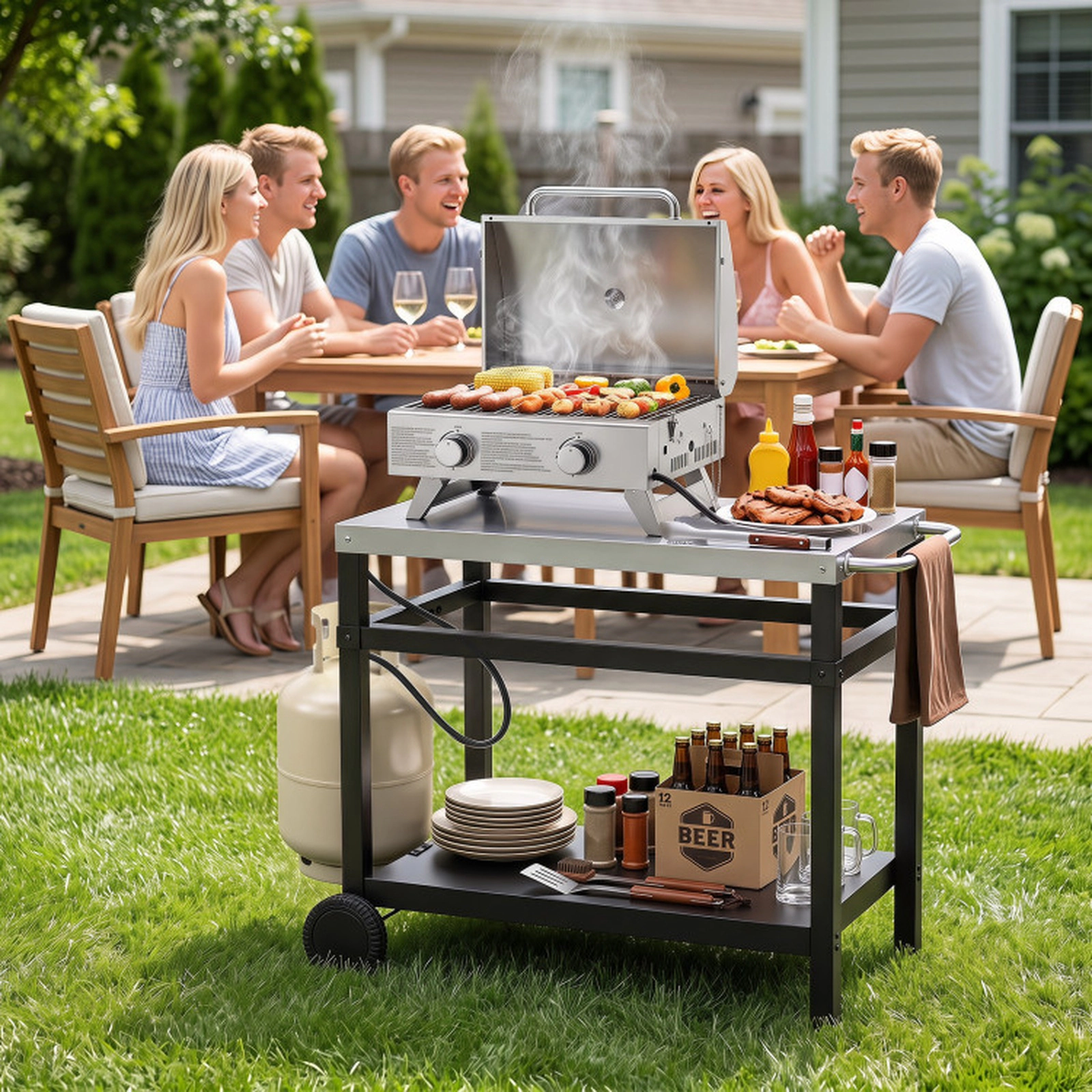 SUGIFT Black Double Shelf Grill Cart Table with Stainless Steel Top 35.5-in W 23.5-in D 200-lb Tabletop Capacity