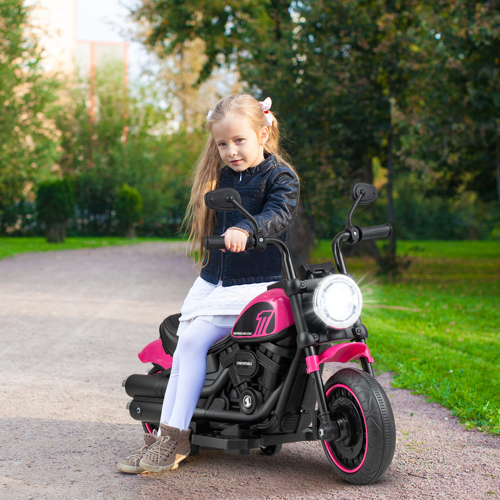 Toddler Electric Motorcycle Removable Training Wheels Slow Start LED Headlight 6V 18 Months+ 55-lb Capacity Pink