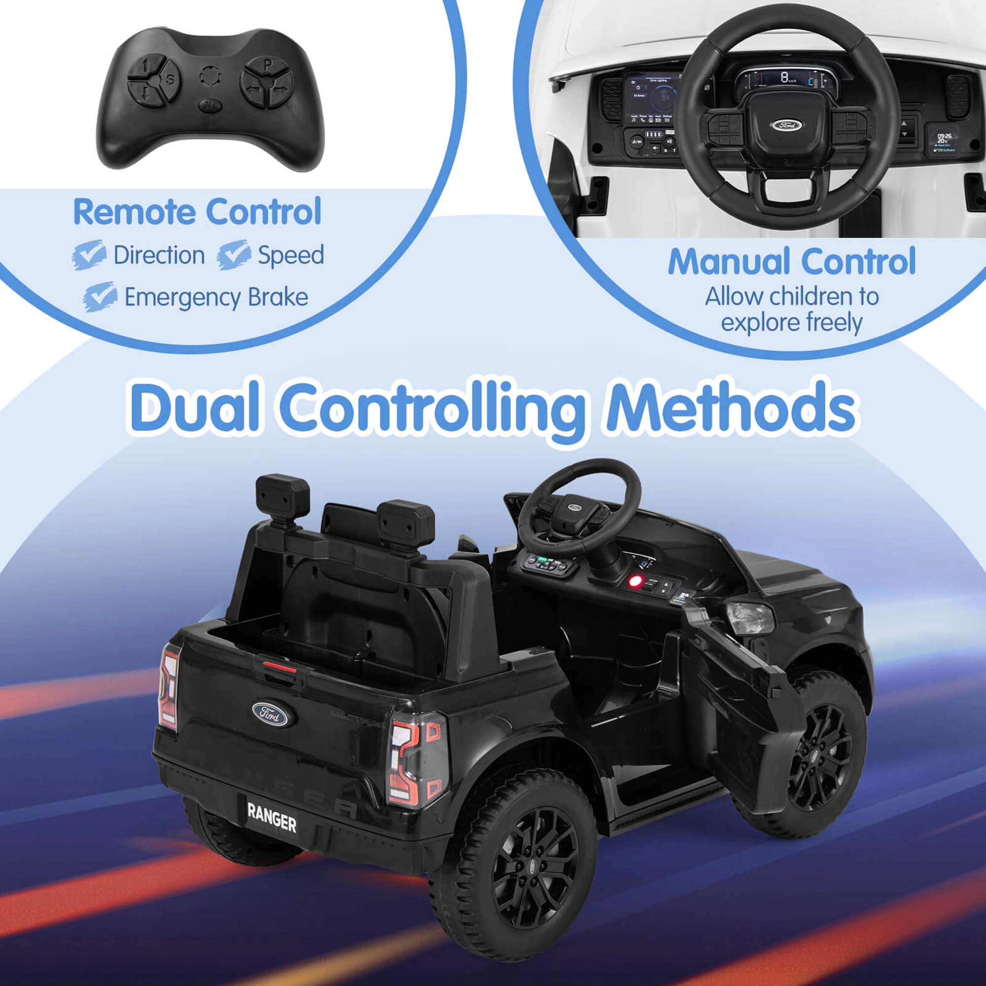 Costway 12V Licensed Ford Ranger Kids Ride on Car with Remote Control Storage Basket White/Black