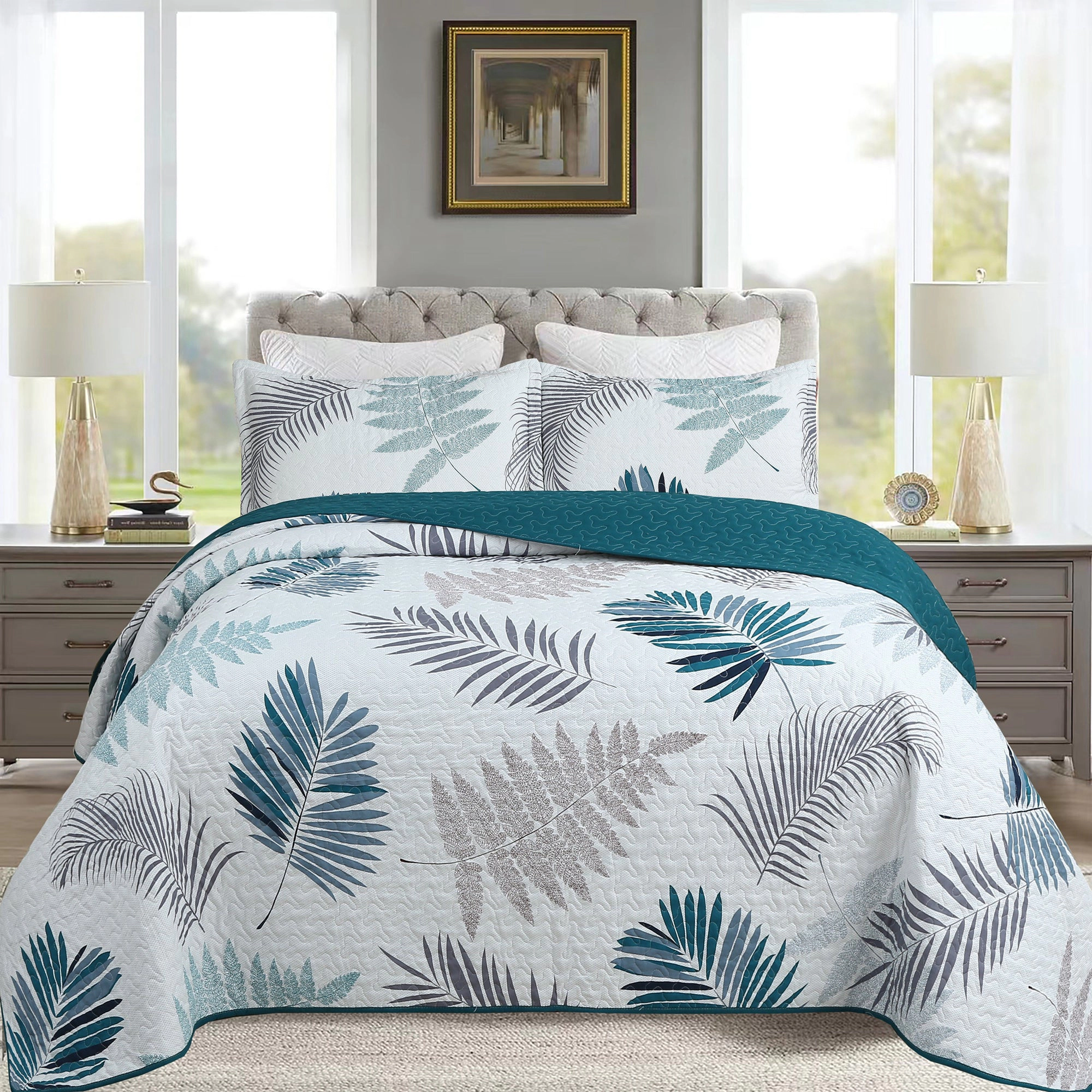 MarCielo 3 Piece Printed Leaf Quilt Set Lightweight Bedspread Set