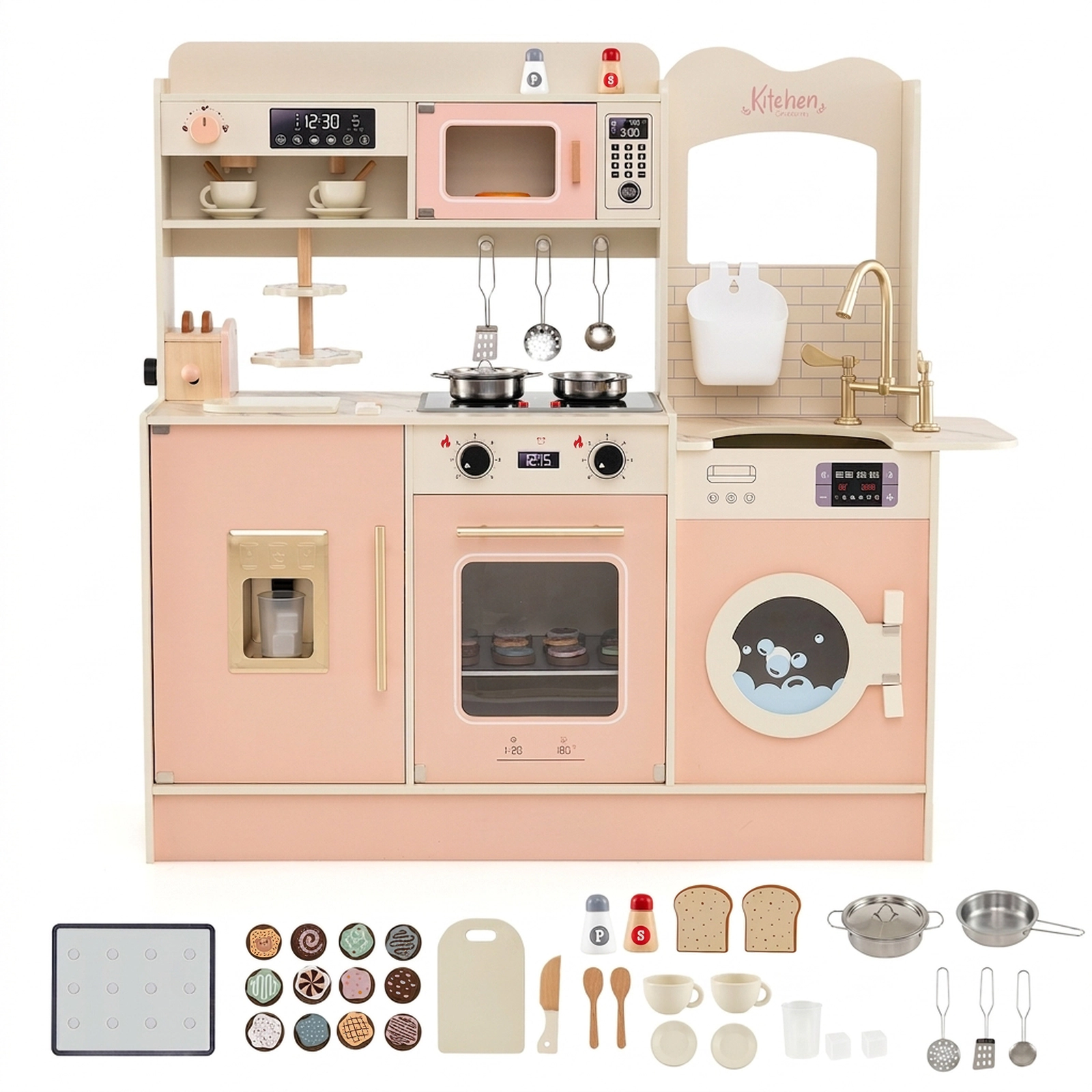 Toy Kitchen Playset Lights and Sounds 25 Accessories Dessert Rack Detachable Sink 39.5-in Kids Play Kitchen Ages 3+ Pink