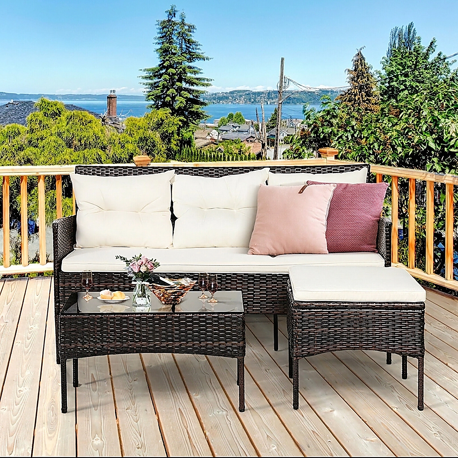 SUGIFT 3-Piece Brown Rattan Patio Sectional Sofa Set with Ottoman and Glass Coffee Table