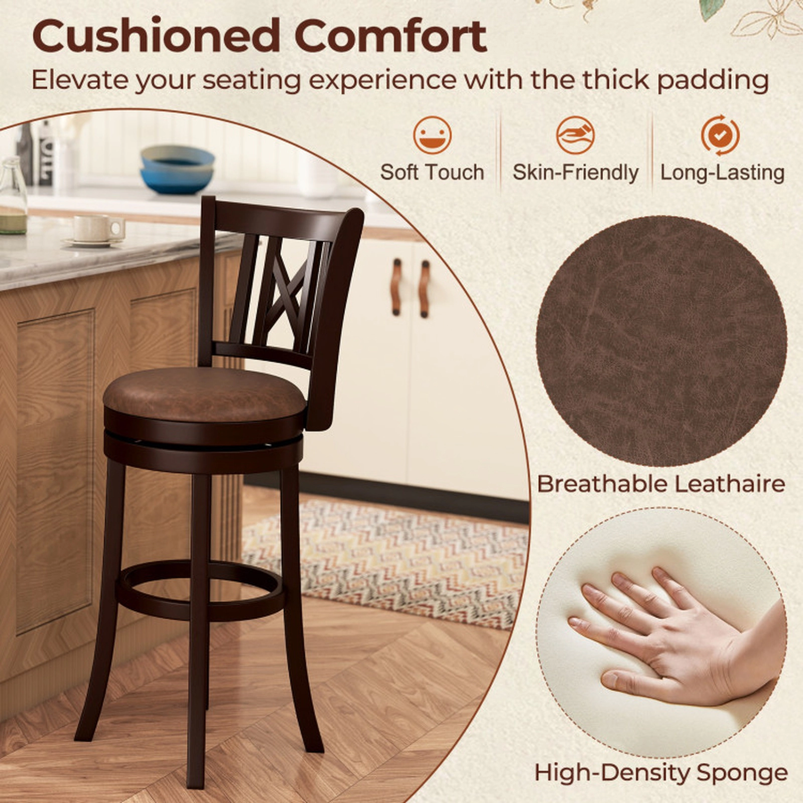 SUGIFT Set of 2 Swivel Bar Stools with Footrest and Hollowed Backrest 275-lb Capacity 30-in Seat Height Coffee & Brown