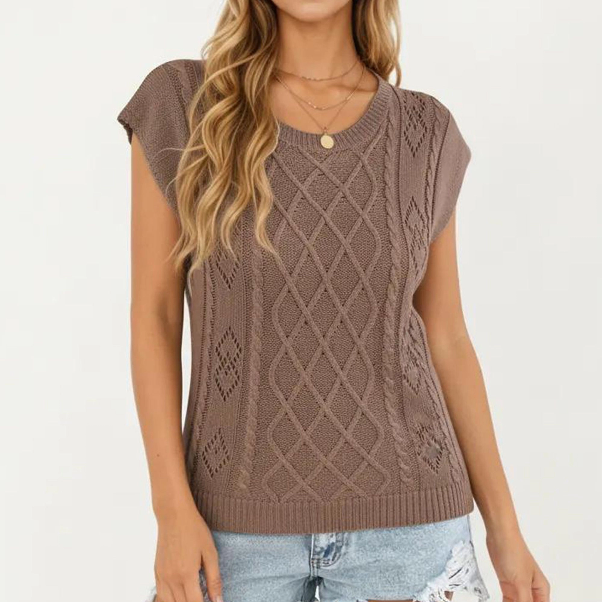 Anna-Kaci Women's Sleeveless Diamond Cable Knit Pullover Sweater Top with Ribbed Trim and Relaxed Fit