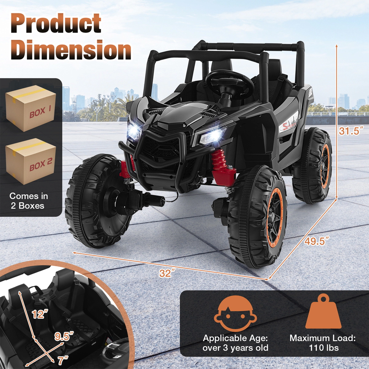 SUGIFT Kids Black 2-Seater 24V Ride On UTV Truck with Remote Control 49.5-in W 31.5-in H 110-lb Rider Capacity