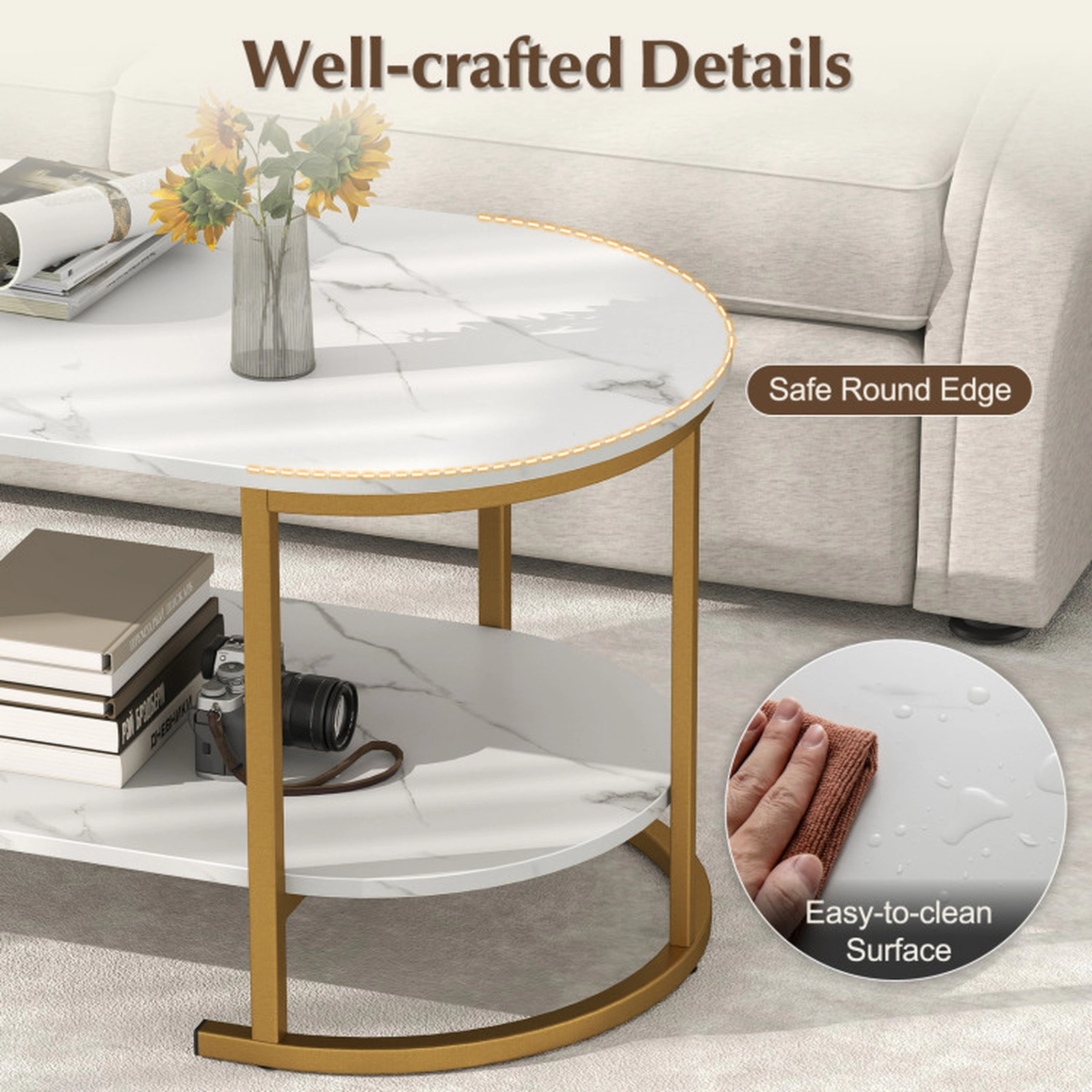 SUGIFT 39.5-in 176-lb Capacity White Faux Marble 2-Tier Coffee Table with Gold Metal Frame and Storage Shelf