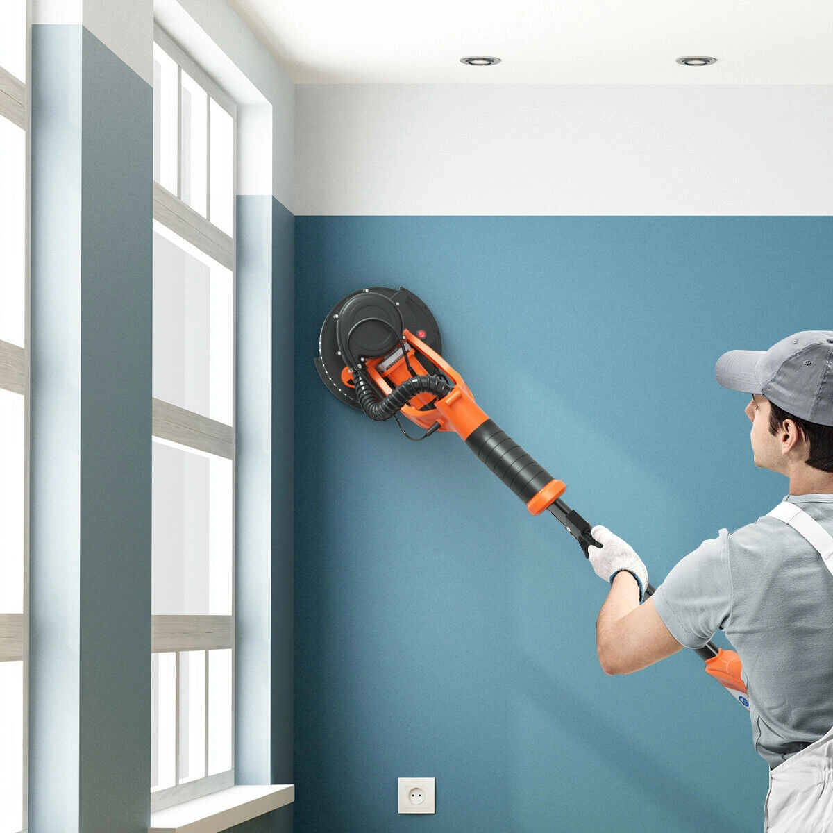 SUGIFT Electric Foldable Drywall Sander 750W Variable Speed with Automatic Vacuum and LED Light Orange Black