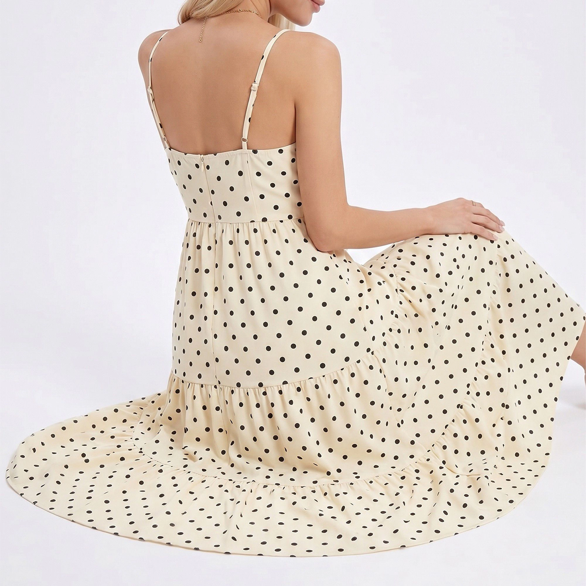 Anna-Kaci Women's Polka Dot Maxi Dress with Tie Front Cutout and Tiered Skirt