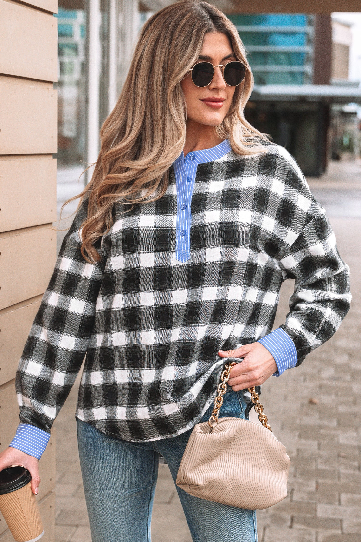 Threaded Pear Women's Ezra Half Placket Plaid Blouse