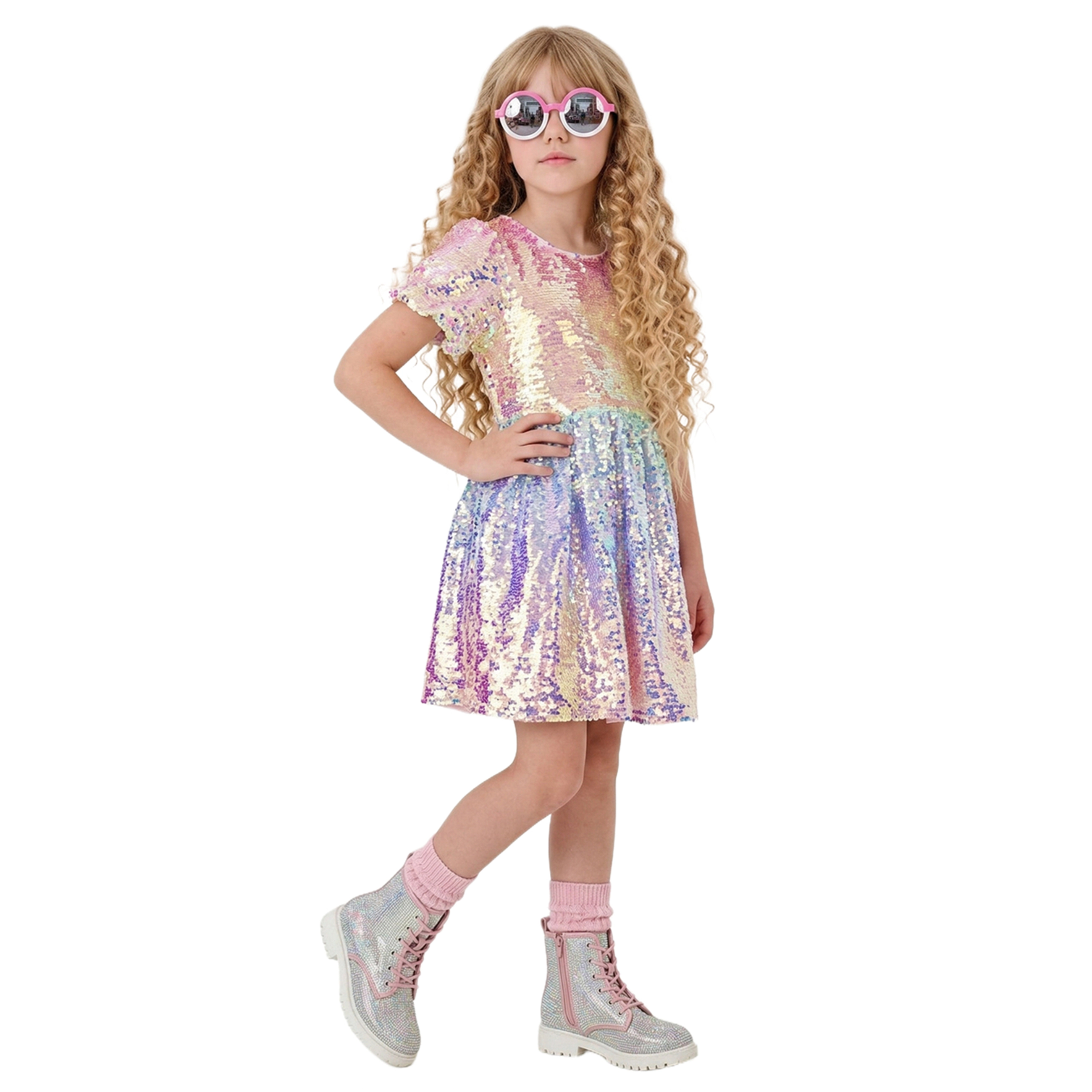 2Bunnies Girls Ombre Sequin Puff Sleeve Fit and Flare Party Dress