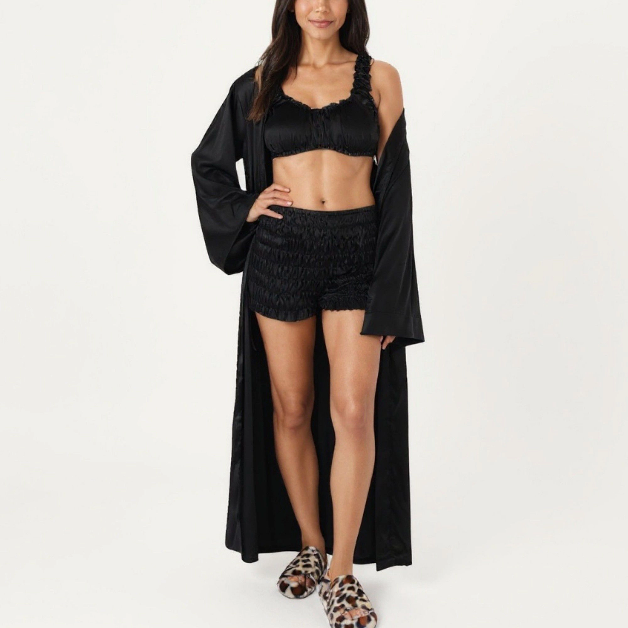 Anna-Kaci Women's 3-Piece Satin Robe with Matching Bralette Top and Elastic Waist Shorts Loungewear Sleepwear Set