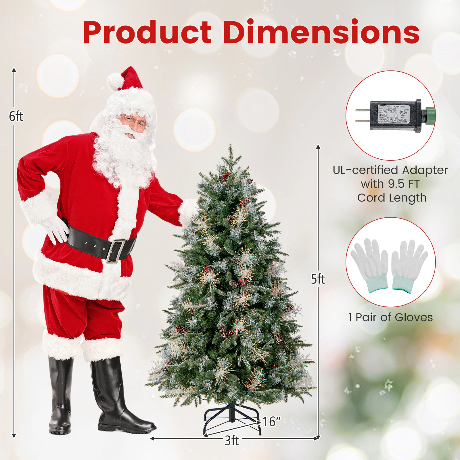 SUGIFT 5 ft Pre-Lit Christmas Tree Snow Flocked Artificial Tree with 8 Light Modes and Berries