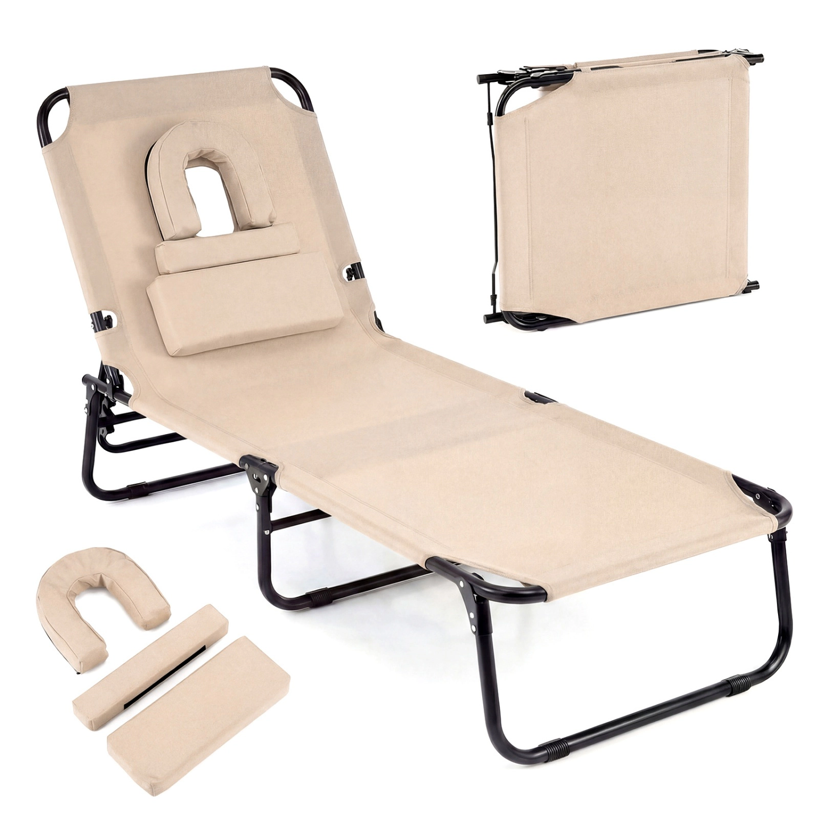 SUGIFT Face Hole and 3 Removable Pillows 330-lb Beige Folding Face-Down Tanning Chair
