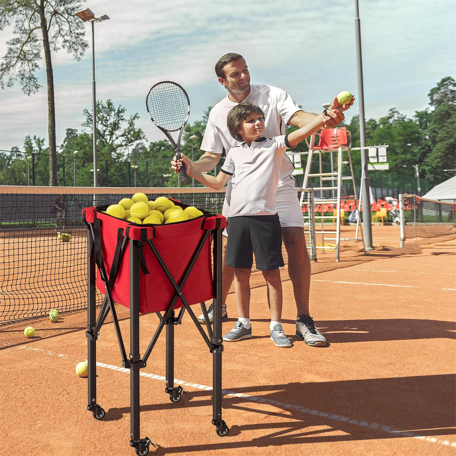 SUGIFT 150-Ball 66-lb Capacity Foldable Aluminum Tennis Ball Cart with 4 Wheels and Removable Bag