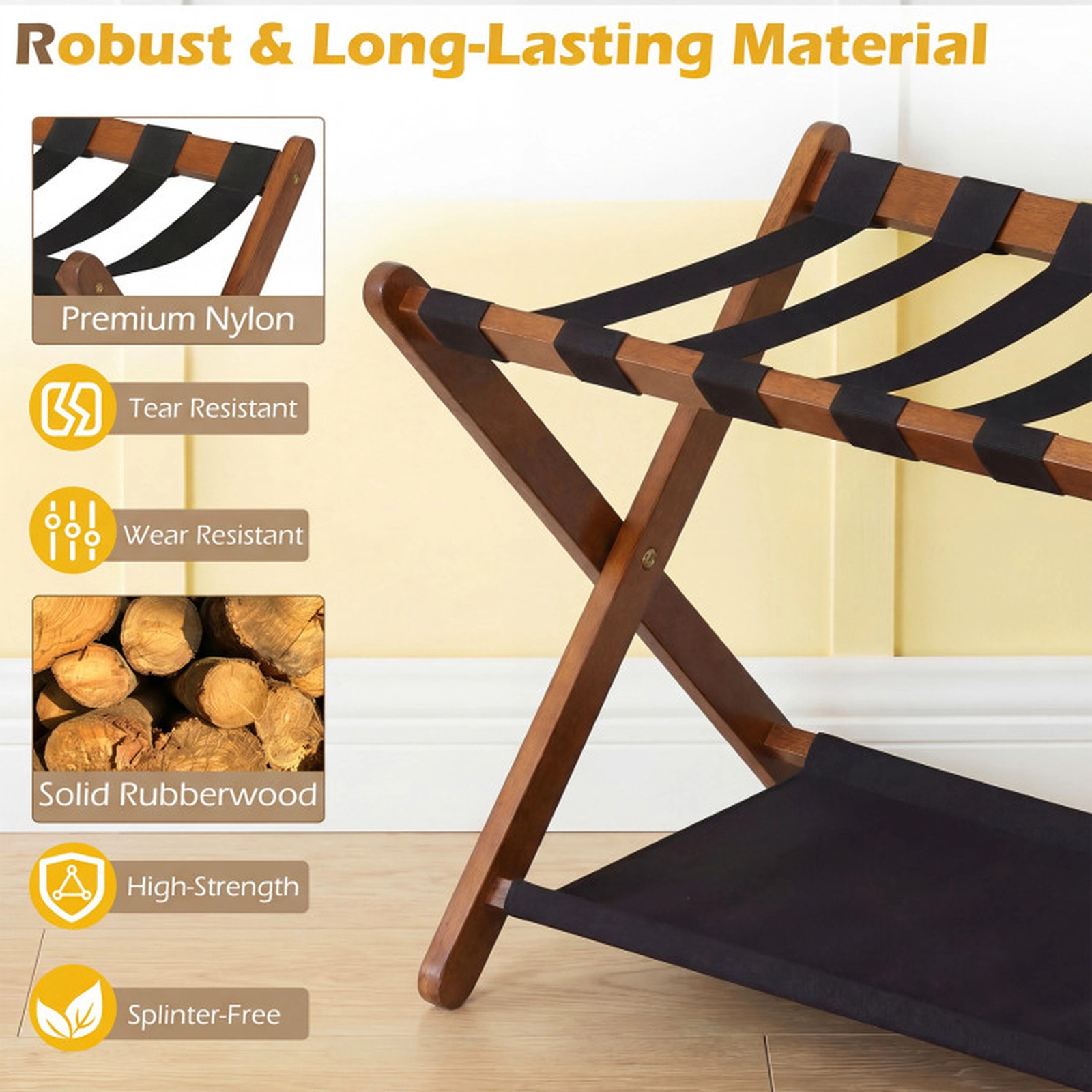 SUGIFT Brown 6 Nylon Straps and Bottom Shelf Solid Rubberwood Folding Luggage Rack