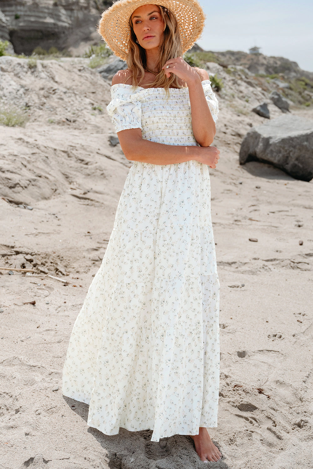 Threaded Pear Women's Robin Frilly Shirred Bodice Tiered Floral Maxi Dress