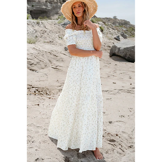 Threaded Pear Women's Robin Frilly Shirred Bodice Tiered Floral Maxi Dress