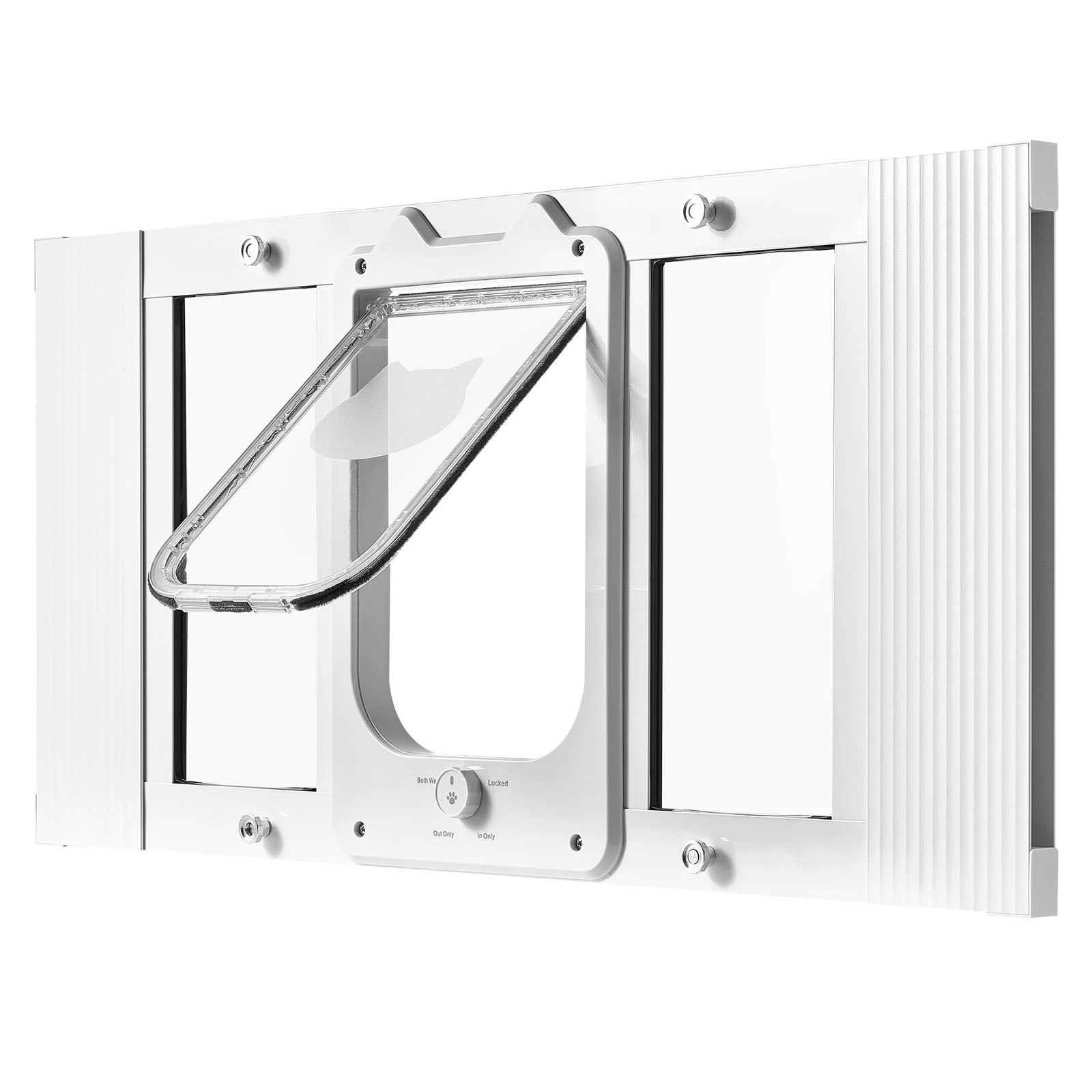 HONGGE Cat Door for Window, Adjustable 27-32 in Width, 4-Way Lock Aluminum Frame with Magnetic Closure, White