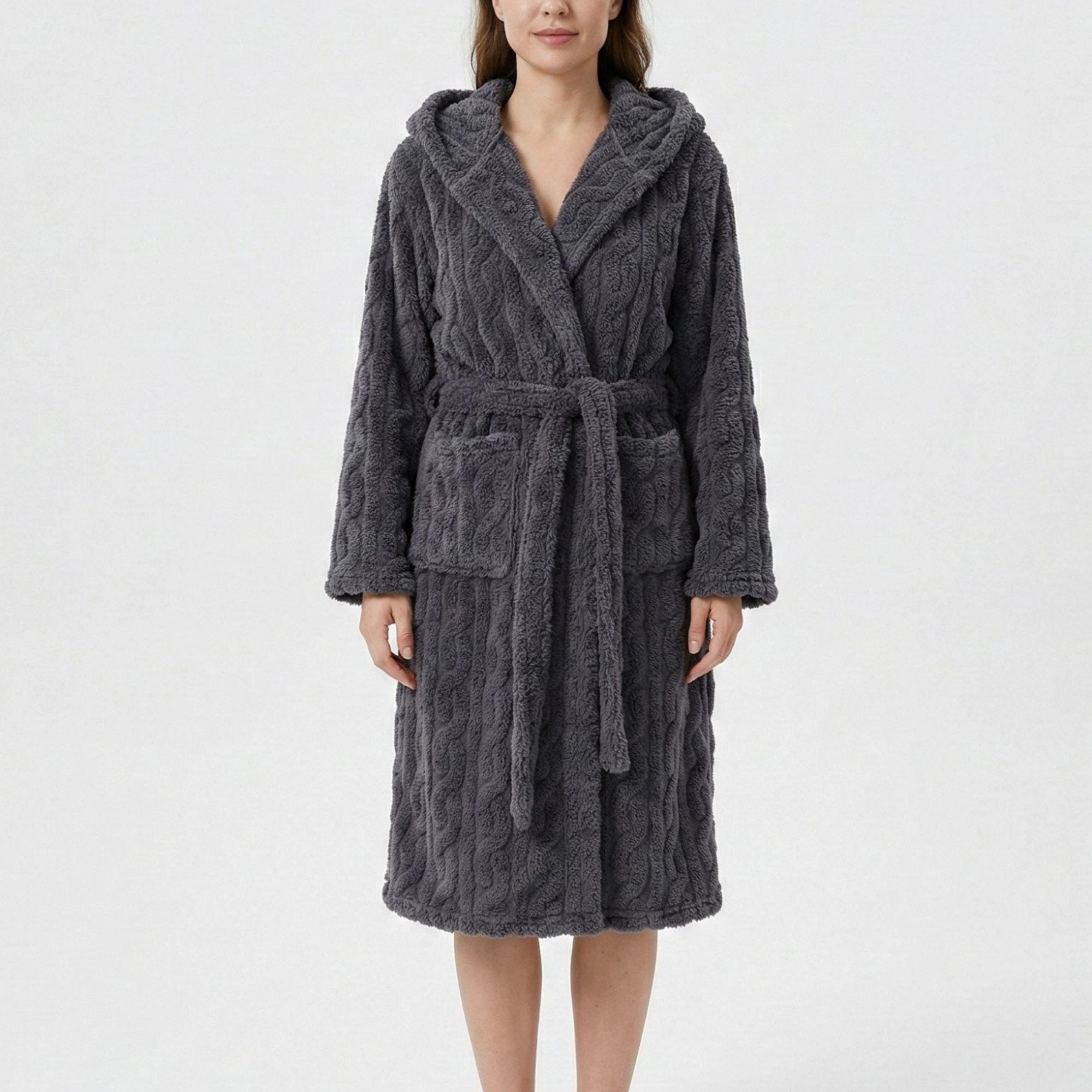 Anna-Kaci Women's Plush Hooded Bathrobe Textured Cable Pattern Long Wrap Design Adjustable Waist Tie and Front Pockets