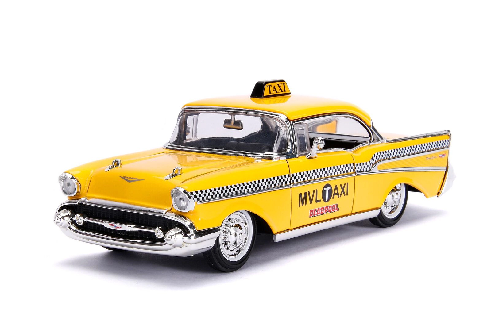 Jada 1957 Chevrolet Bel Air Taxi Yellow with Deadpool Diecast Figurine "Marvel" Series 1/24 Diecast Model Car by Jada