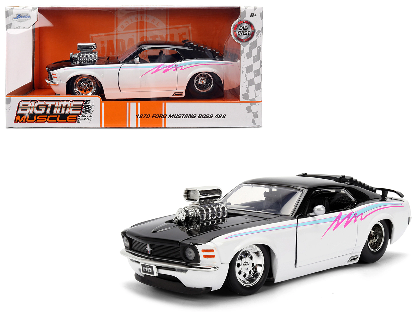 Jada 1970 Ford Mustang Boss 429 Black and White with Graphics "Bigtime Muscle" Series 1/24 Diecast Model Car by Jada