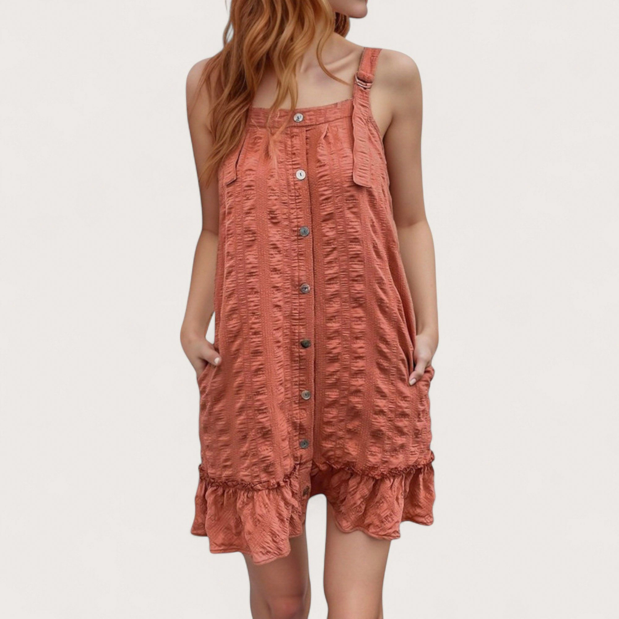 Anna-Kaci Women's Textured Button-Front Overall Dress with Adjustable Straps and Ruffle Hem