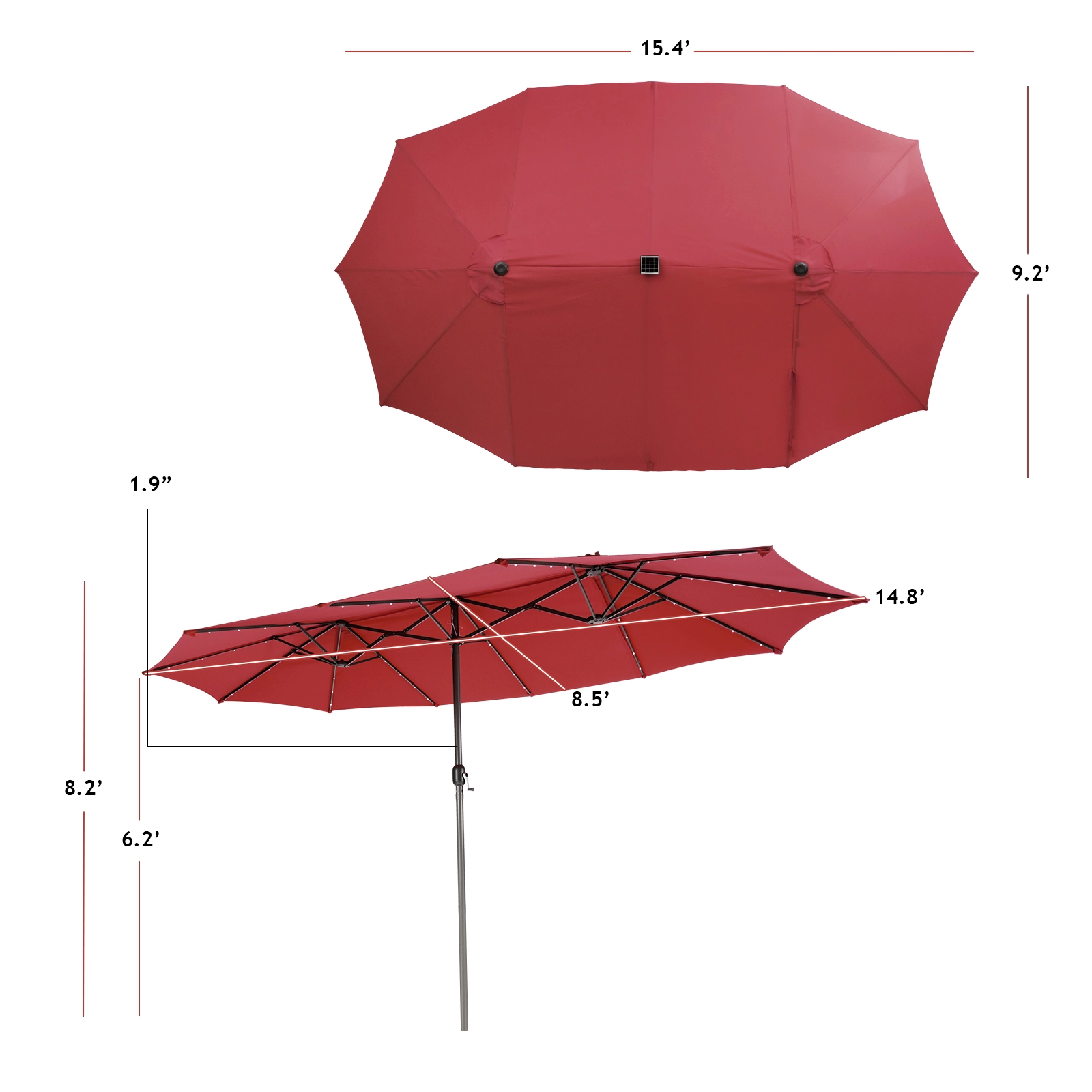 SUGIFT Double-Side 15.4-in Twin Patio Umbrella with 48 Solar LED Lights and Hand-Crank System Dark Red
