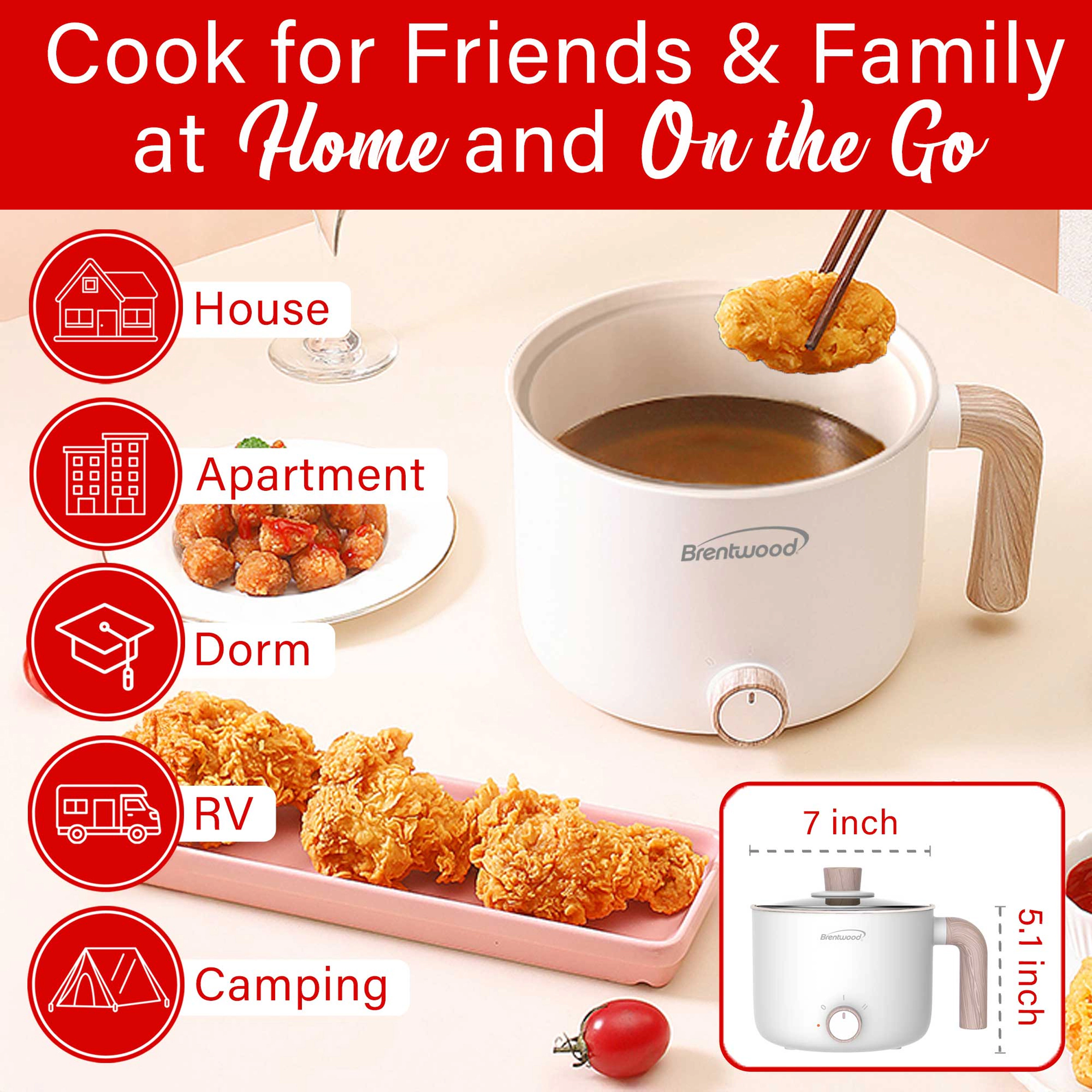 Brentwood 1.5Liter Multi-Function Electric Hot Pot Cooker in White with Ceramic Non-Stick Coating