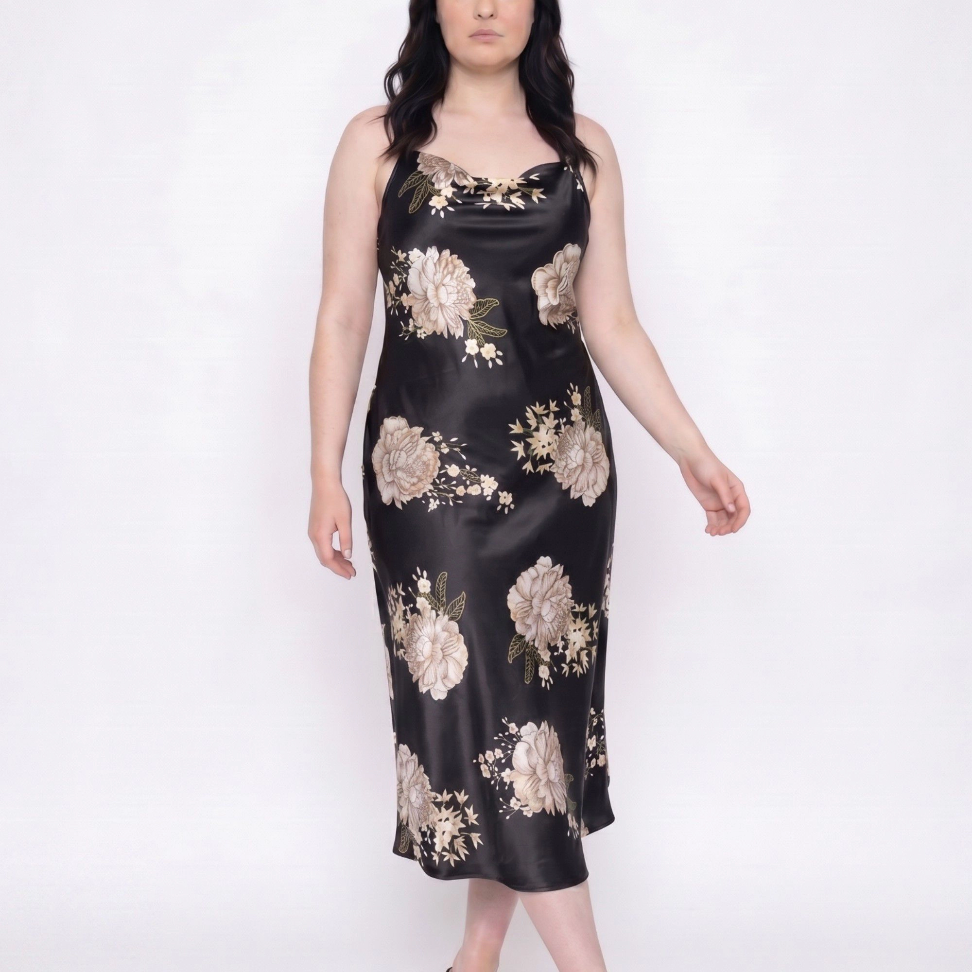 Anna-Kaci Women's Plus Floral Print Satin-Like Cowl Neck Midi Nightgown with Slim Straps and Relaxed Slip Fit